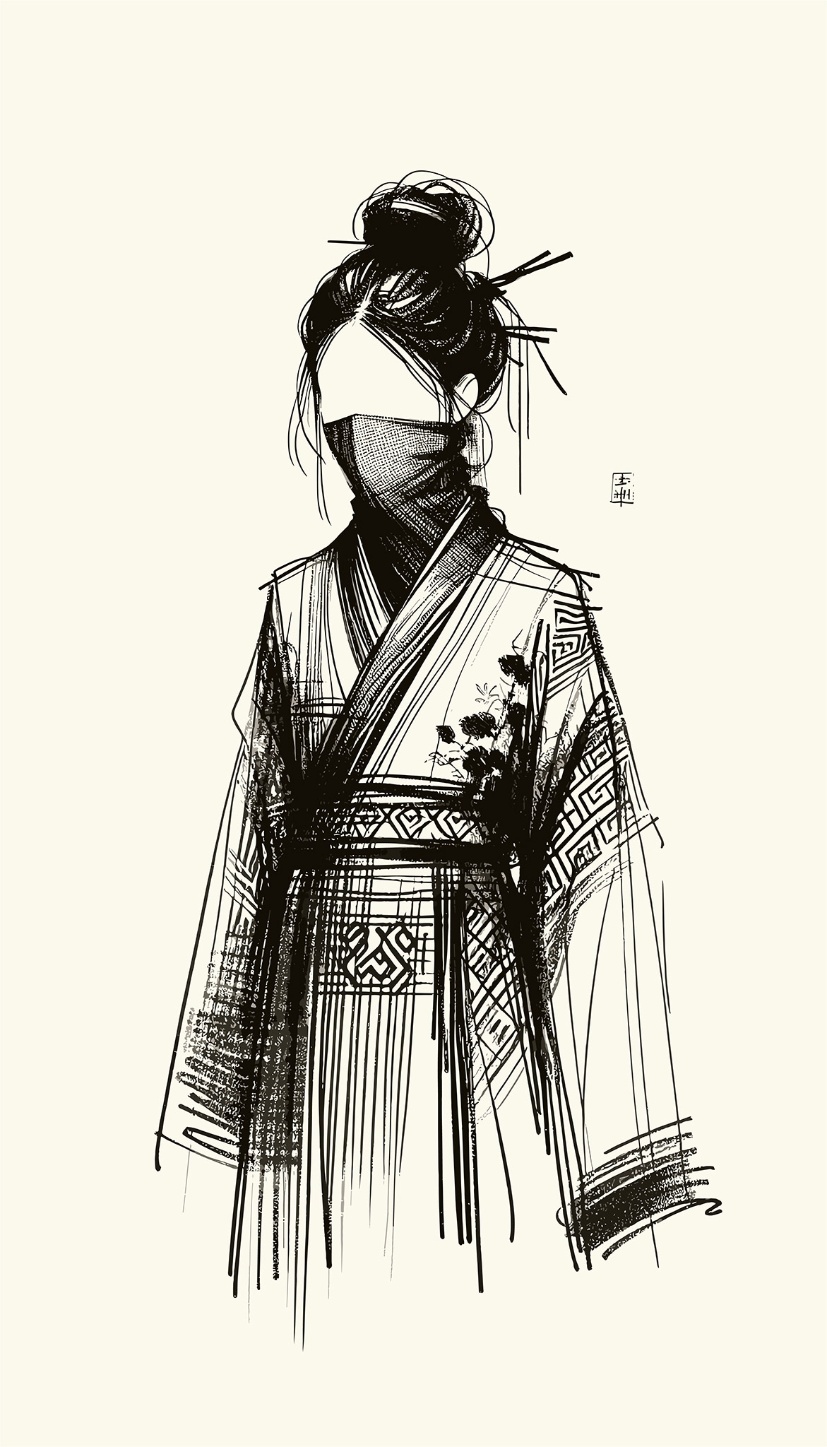 Sketch of a woman wearing a patterned robe and face covering, hair in a bun.