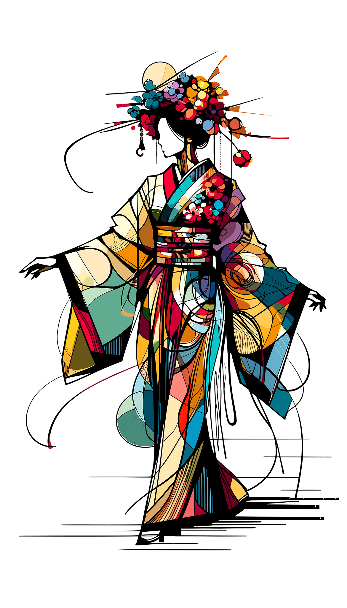 Abstract illustration of a woman in a colorful kimono.