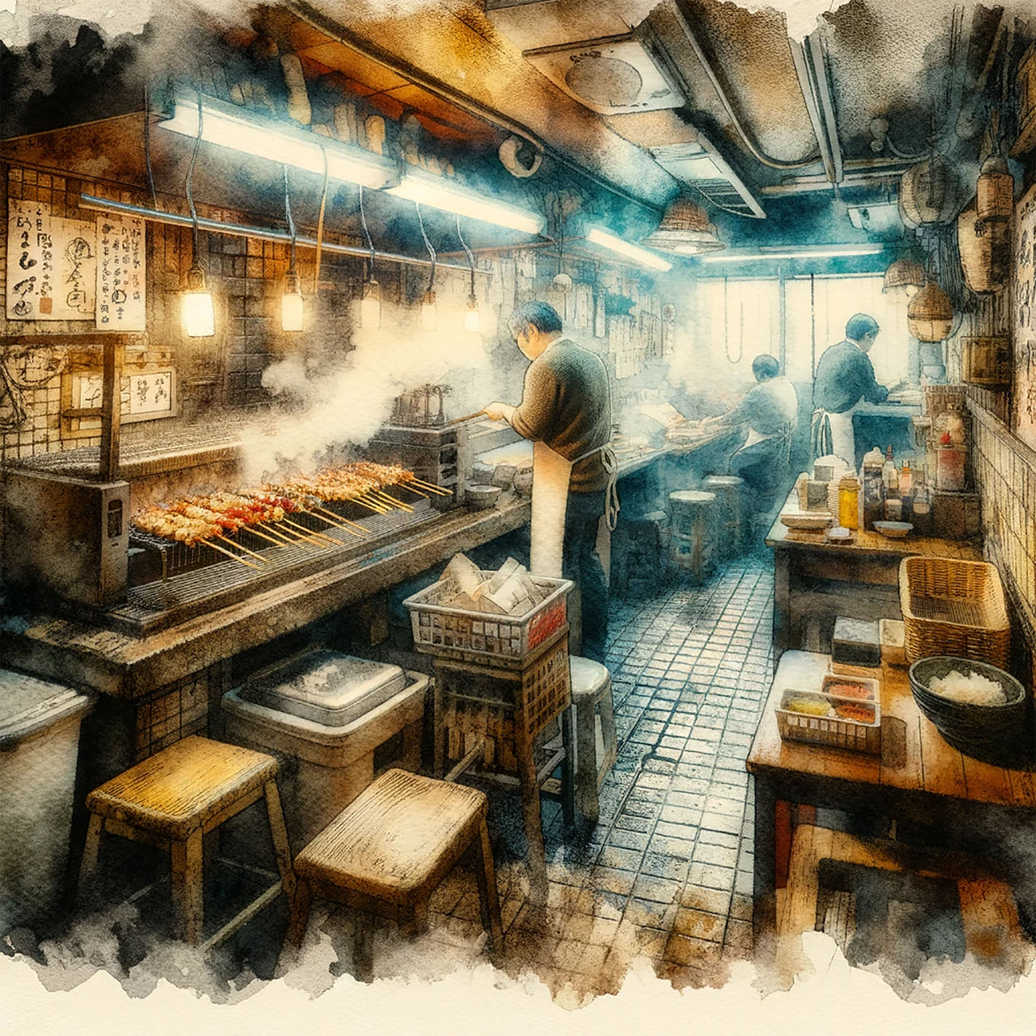 Watercolor painting of a Japanese restaurant grilling yakitori.