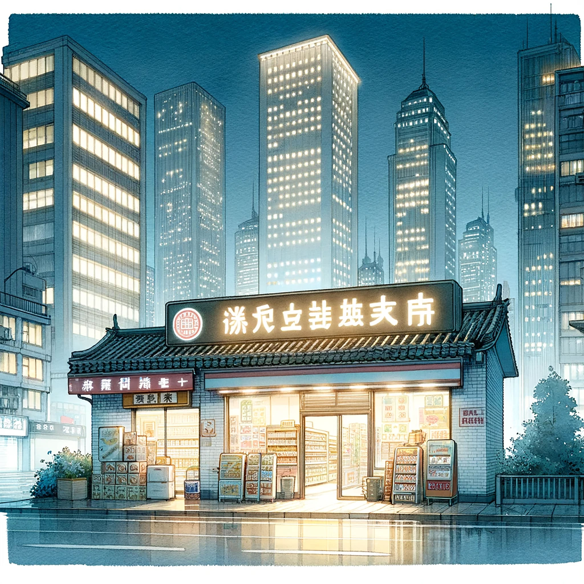 Nighttime illustration of a convenience store in a city.