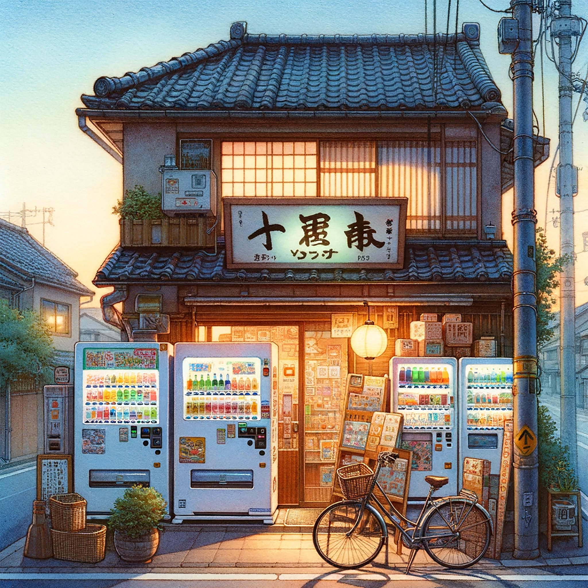 Japanese neighborhood store at sunset with vending machines and bicycle.