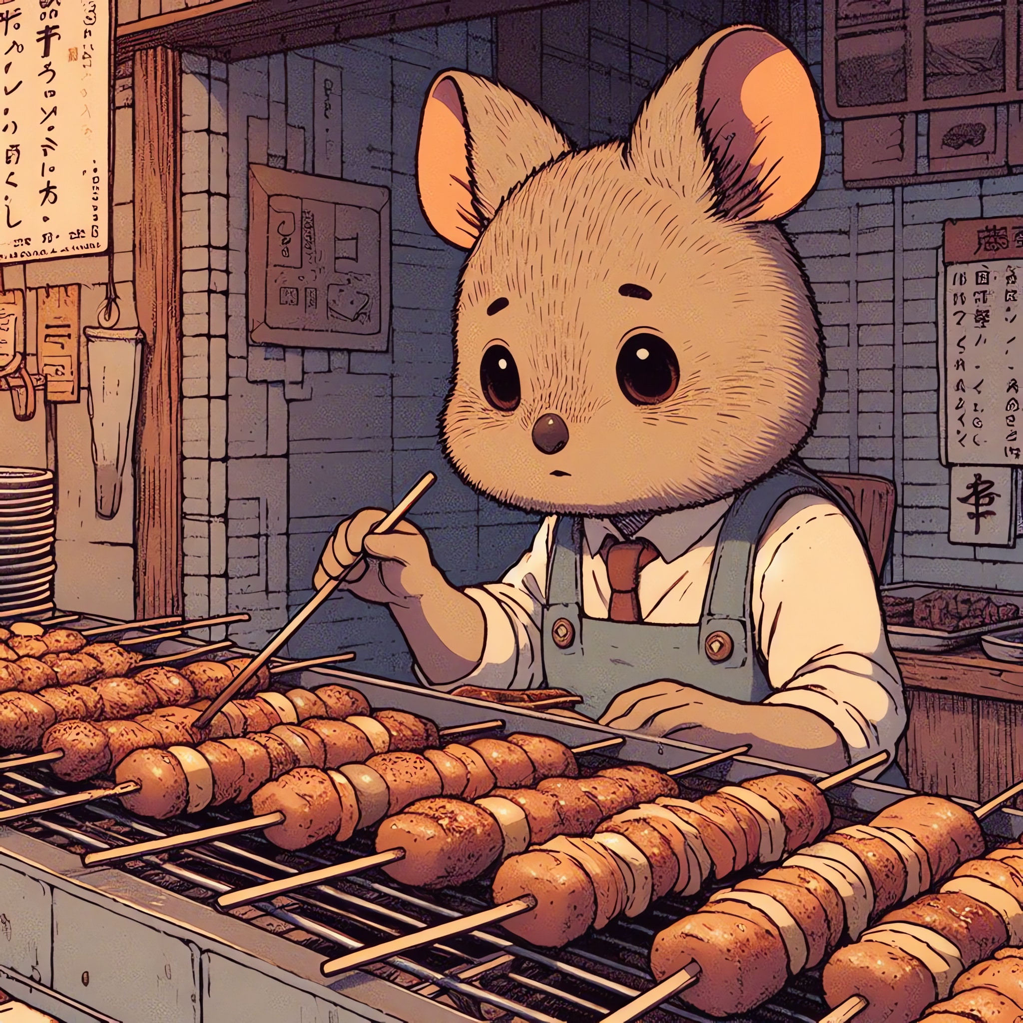 Anime-style quokka cooking food on skewers at a street food stall.