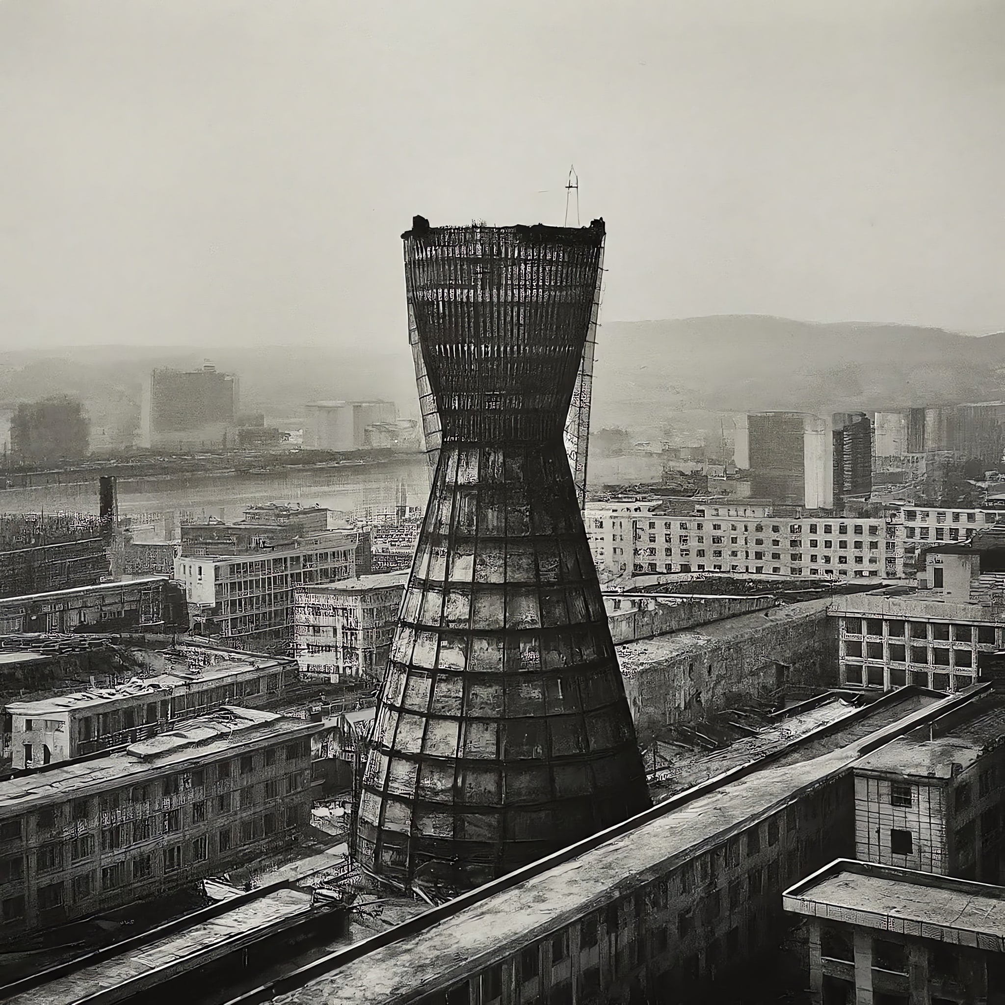 Black and white photo of an unfinished, hourglass-shaped tower in North Korea.