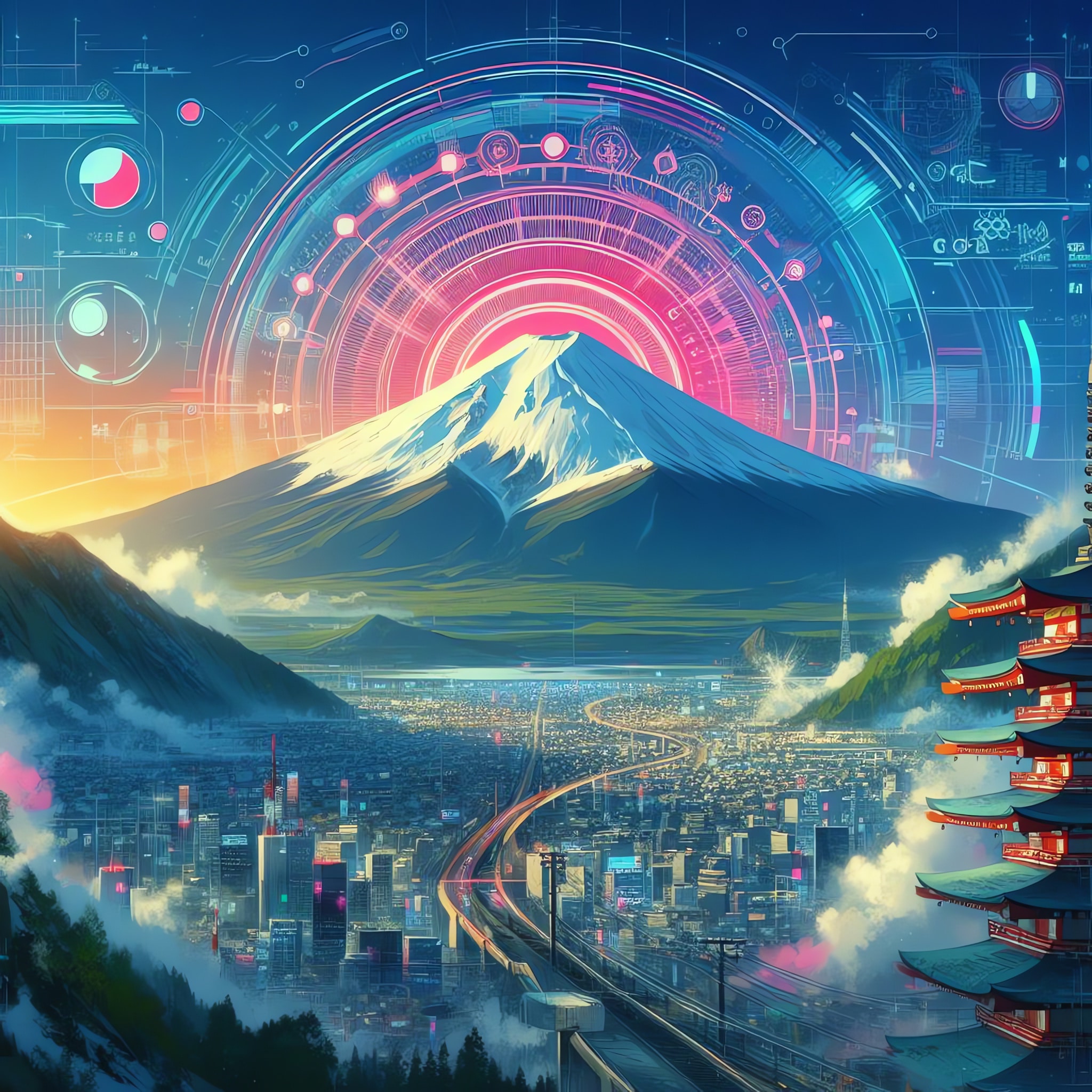 Futuristic cityscape with Mount Fuji in the background, overlaid with a holographic circular interface.