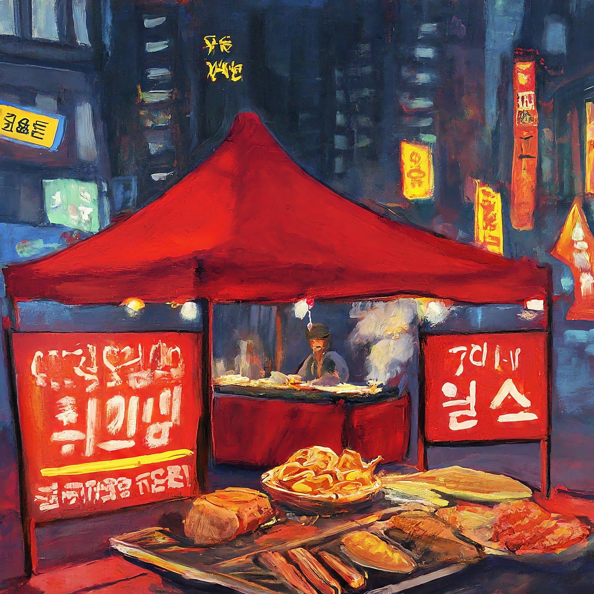 Painting of a Korean street food stall at night.