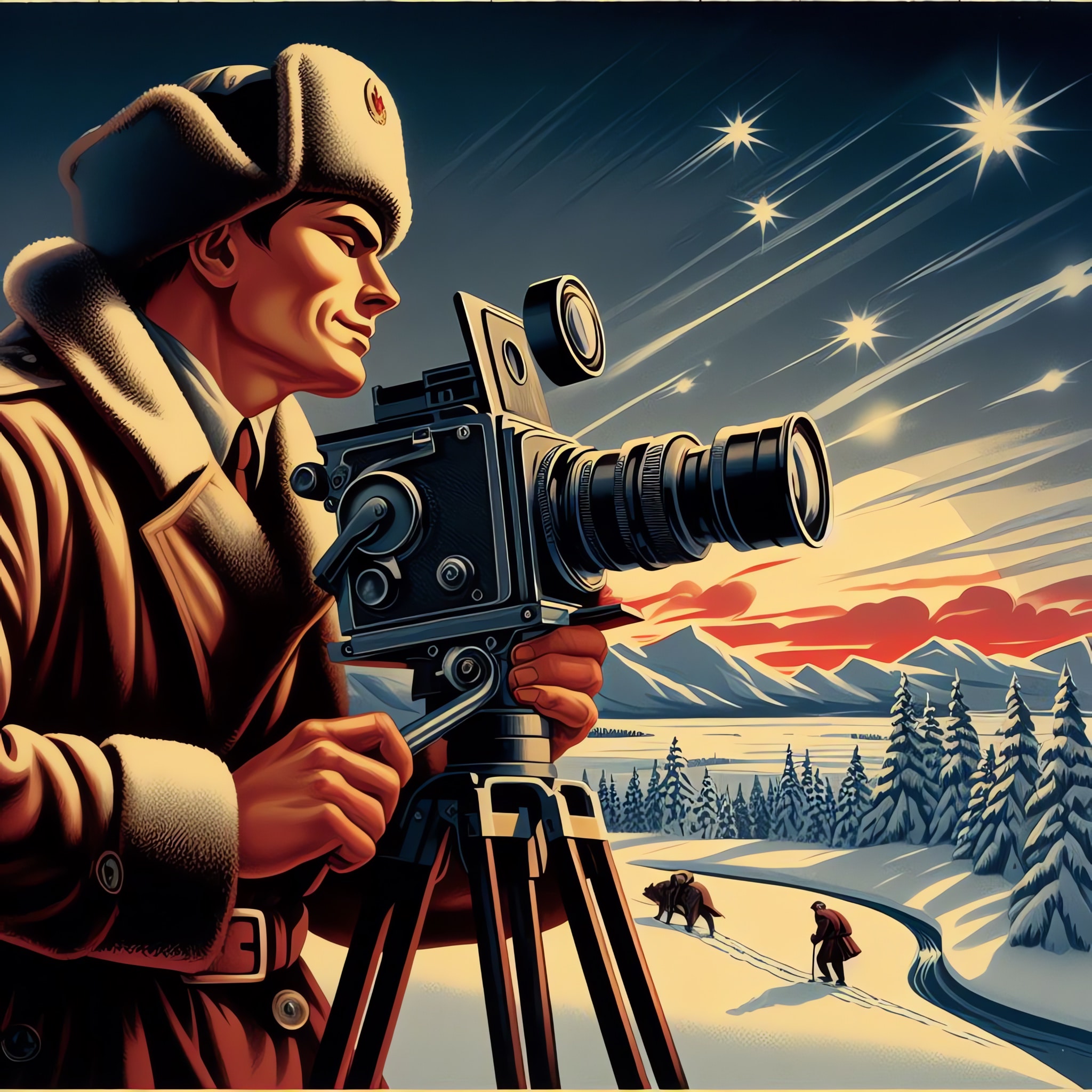 A man in a ushanka hat operates a large movie camera on a tripod in a snowy landscape.