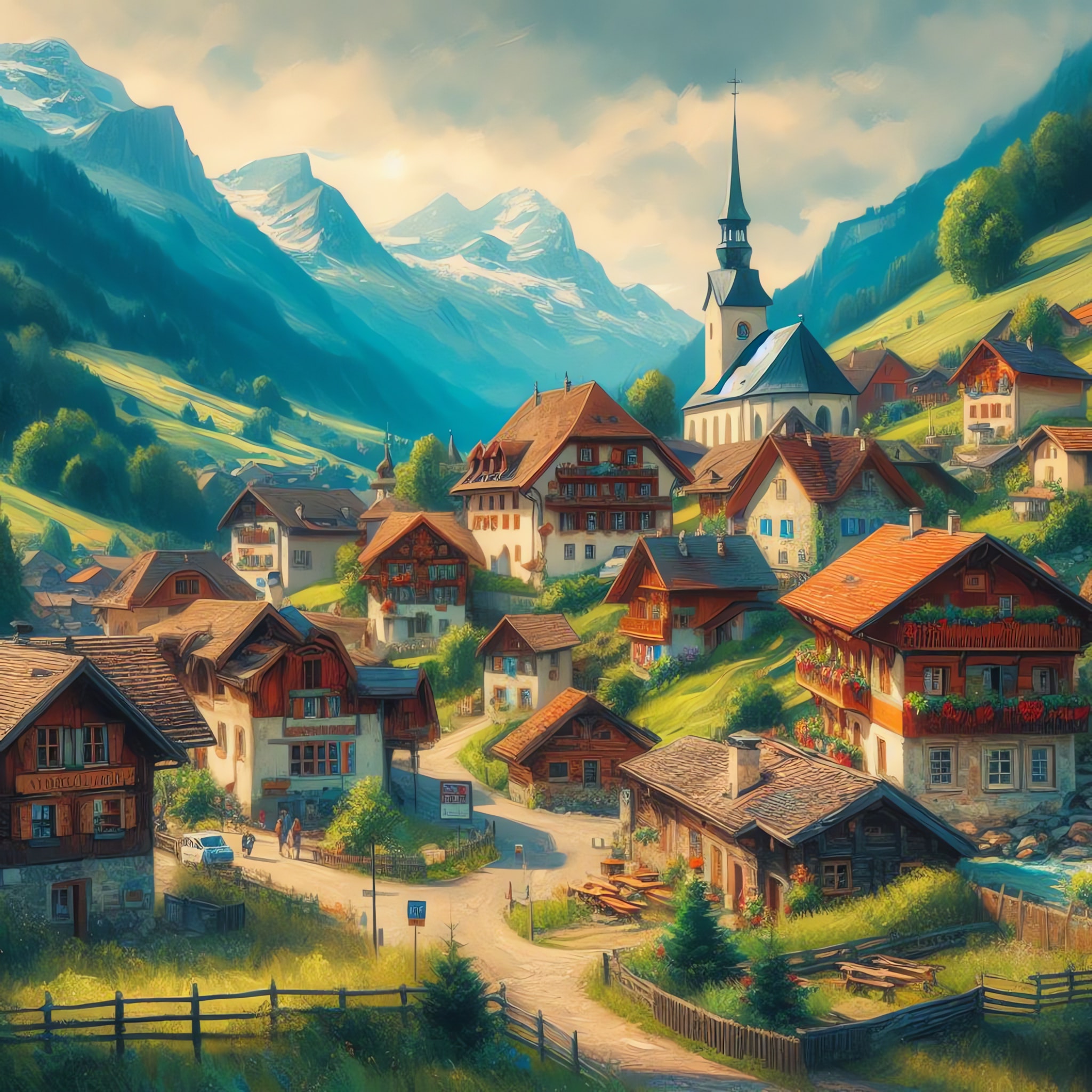 Swiss alpine village nestled in mountains.