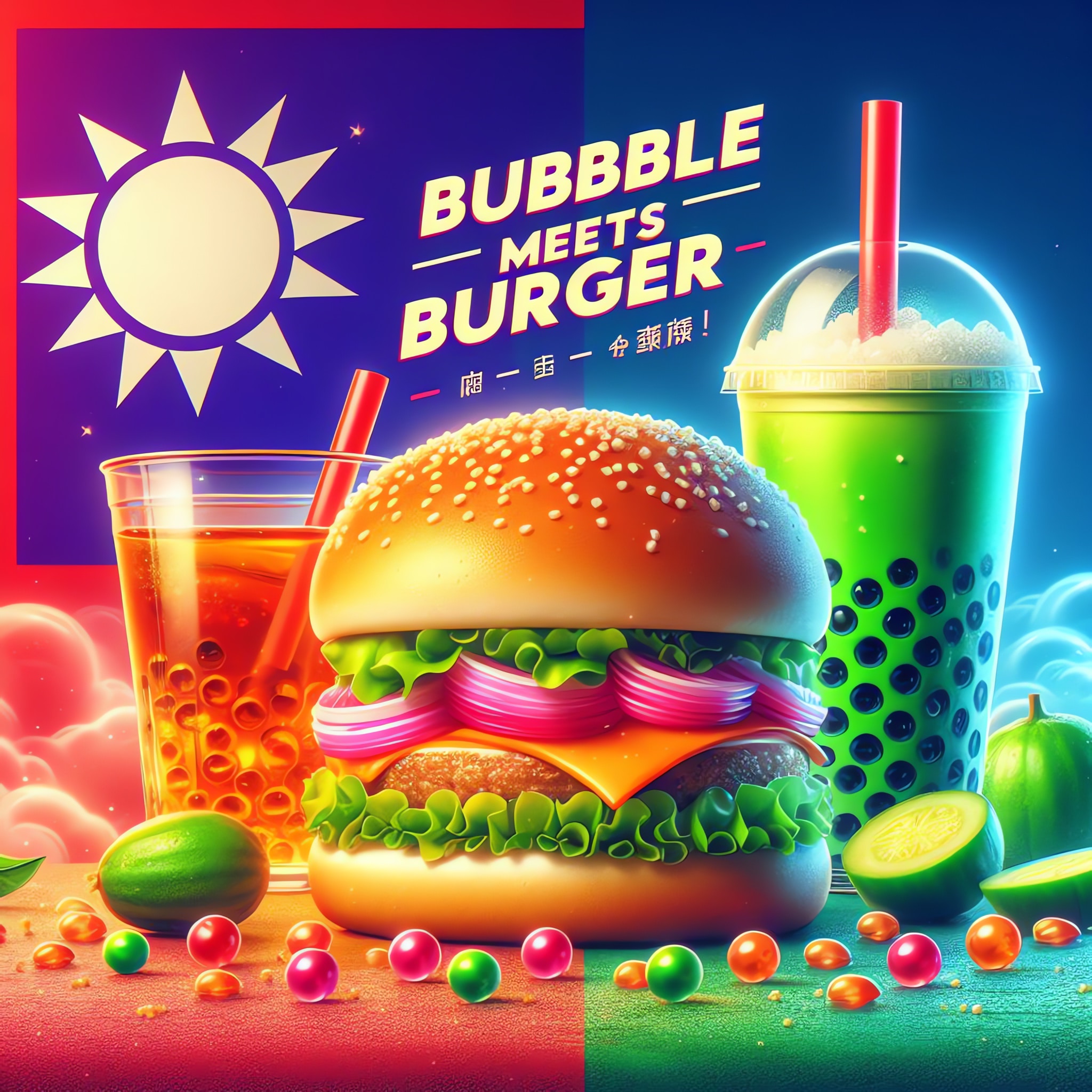 Bubble tea and burger with boba, against a Taiwan flag-inspired background.