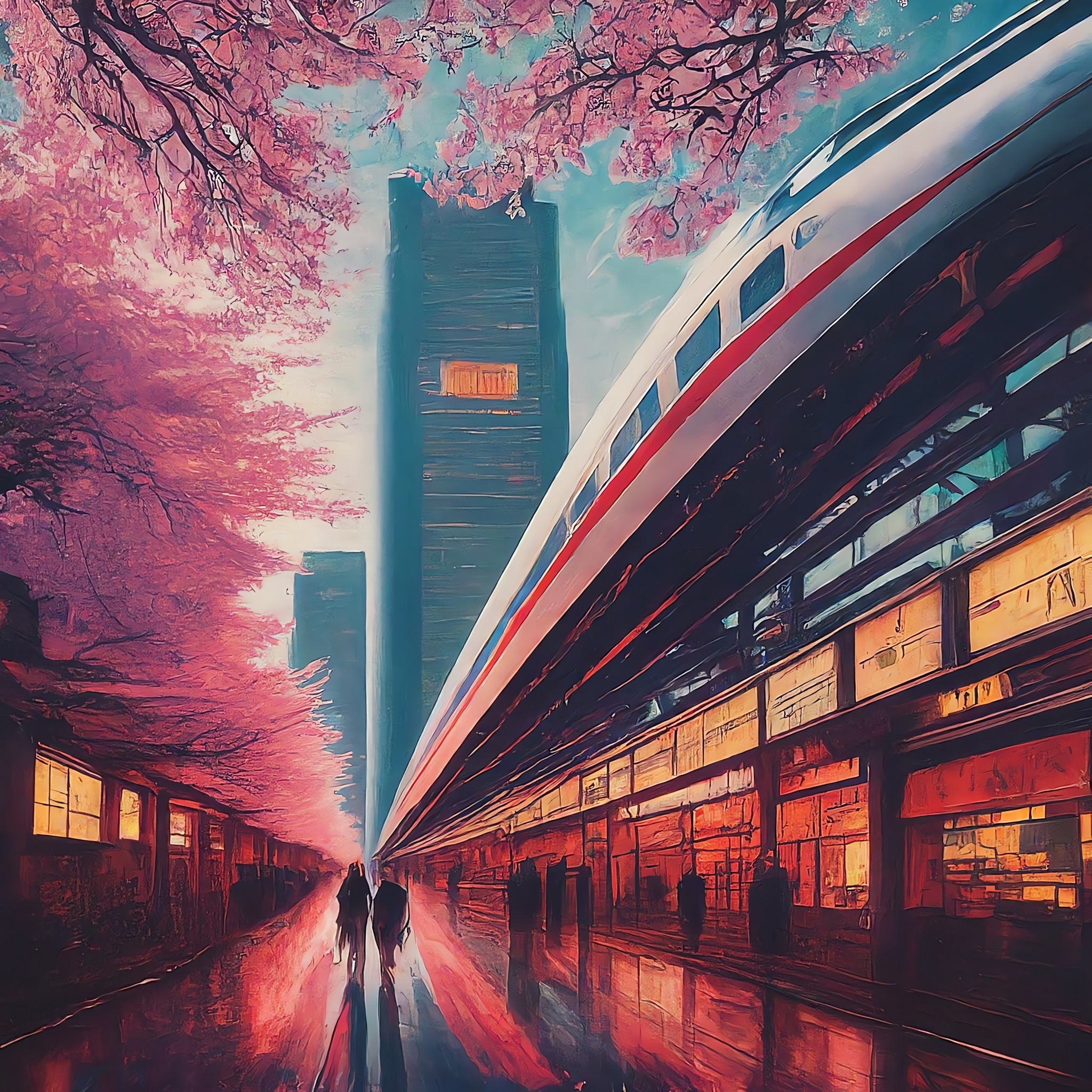A high-speed train passes under blossoming cherry trees in Japan.