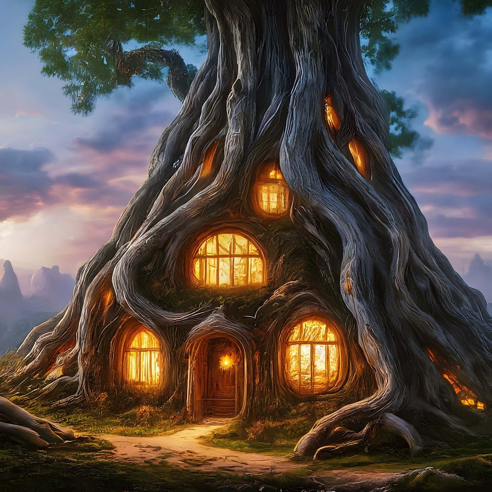 Tree house with glowing windows built into the trunk of a large tree at sunset.