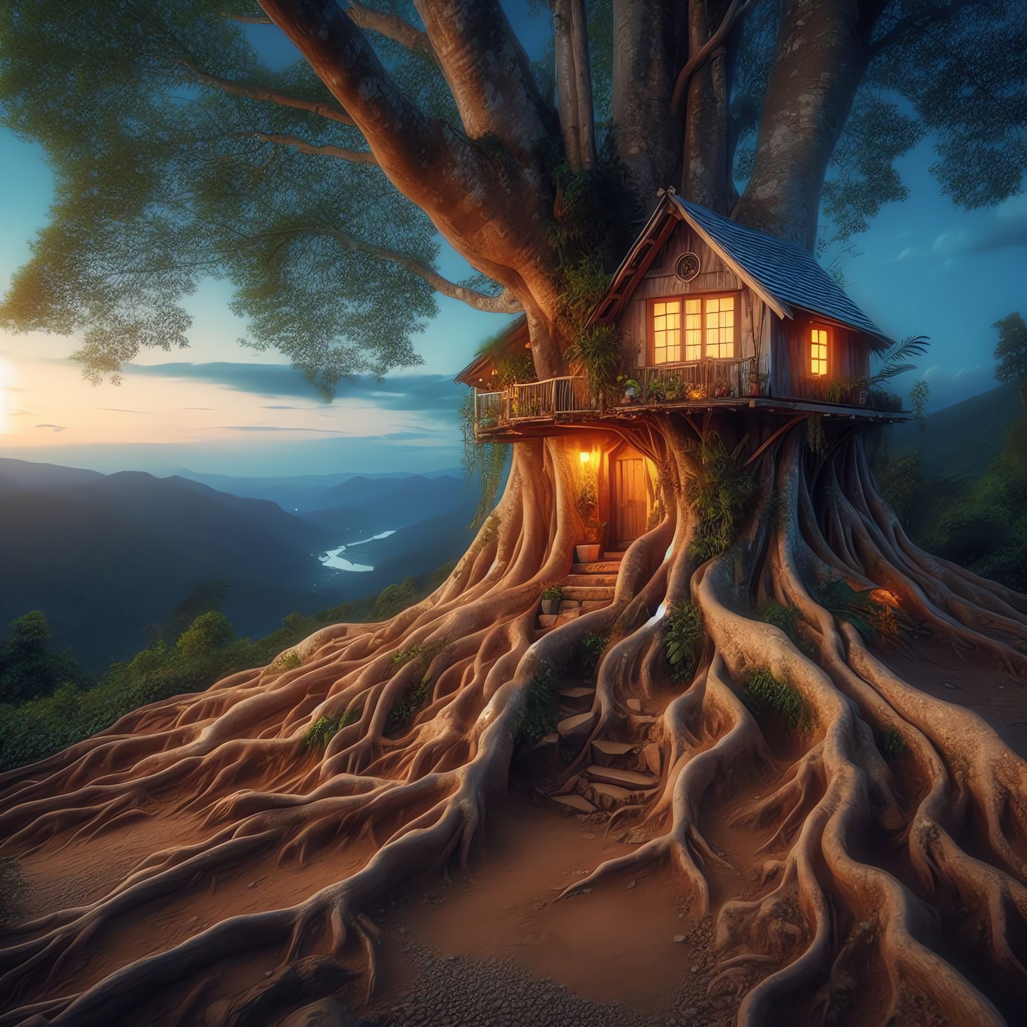 A whimsical treehouse nestled in the branches of a large tree with exposed roots, overlooking a valley at sunset.