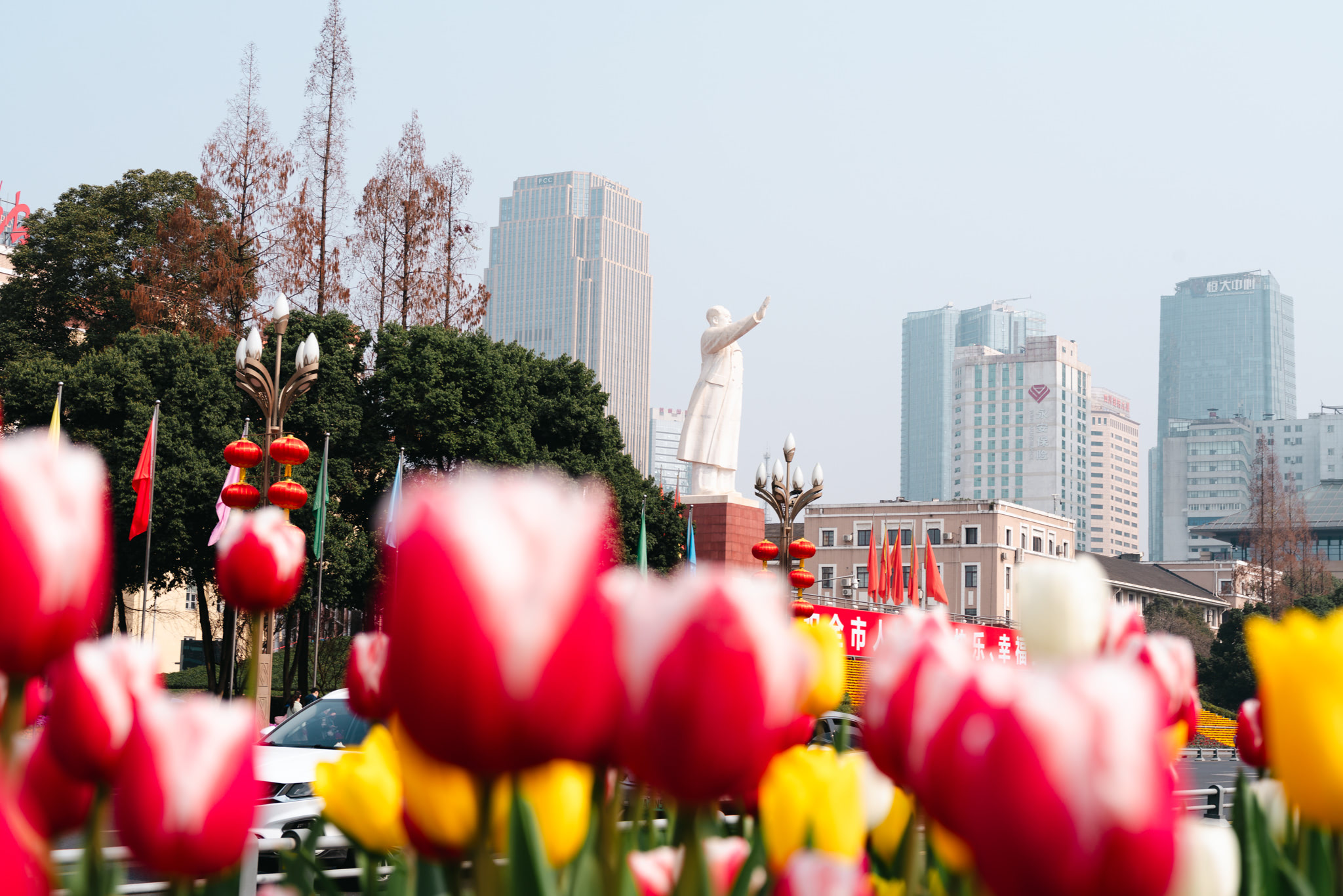 Red and yellow tulips in the foreground with a statue and city skyline in the background.