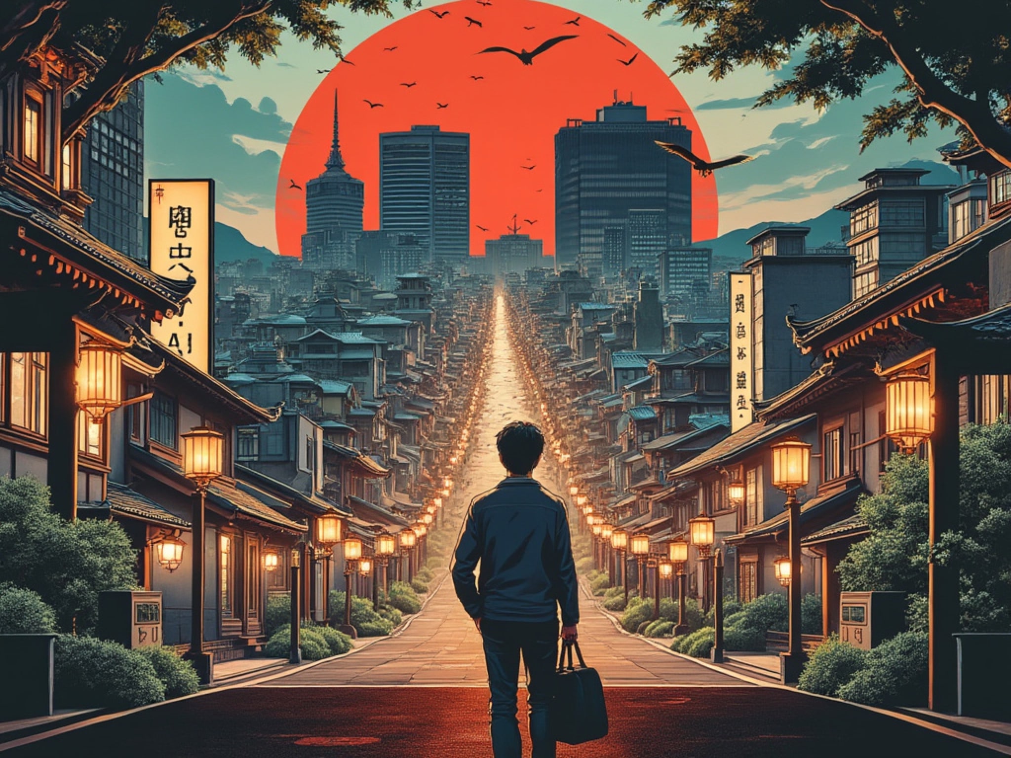 A person with a briefcase walks down a street in a city with Japanese architecture, a large red sun in the background.