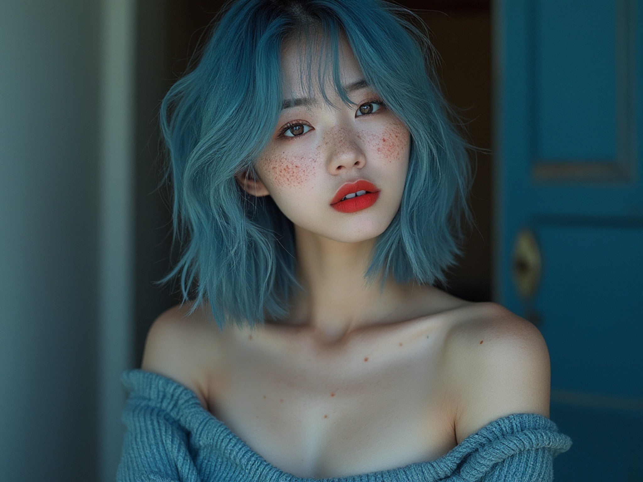 Portrait of a young woman with teal blue hair and freckles.