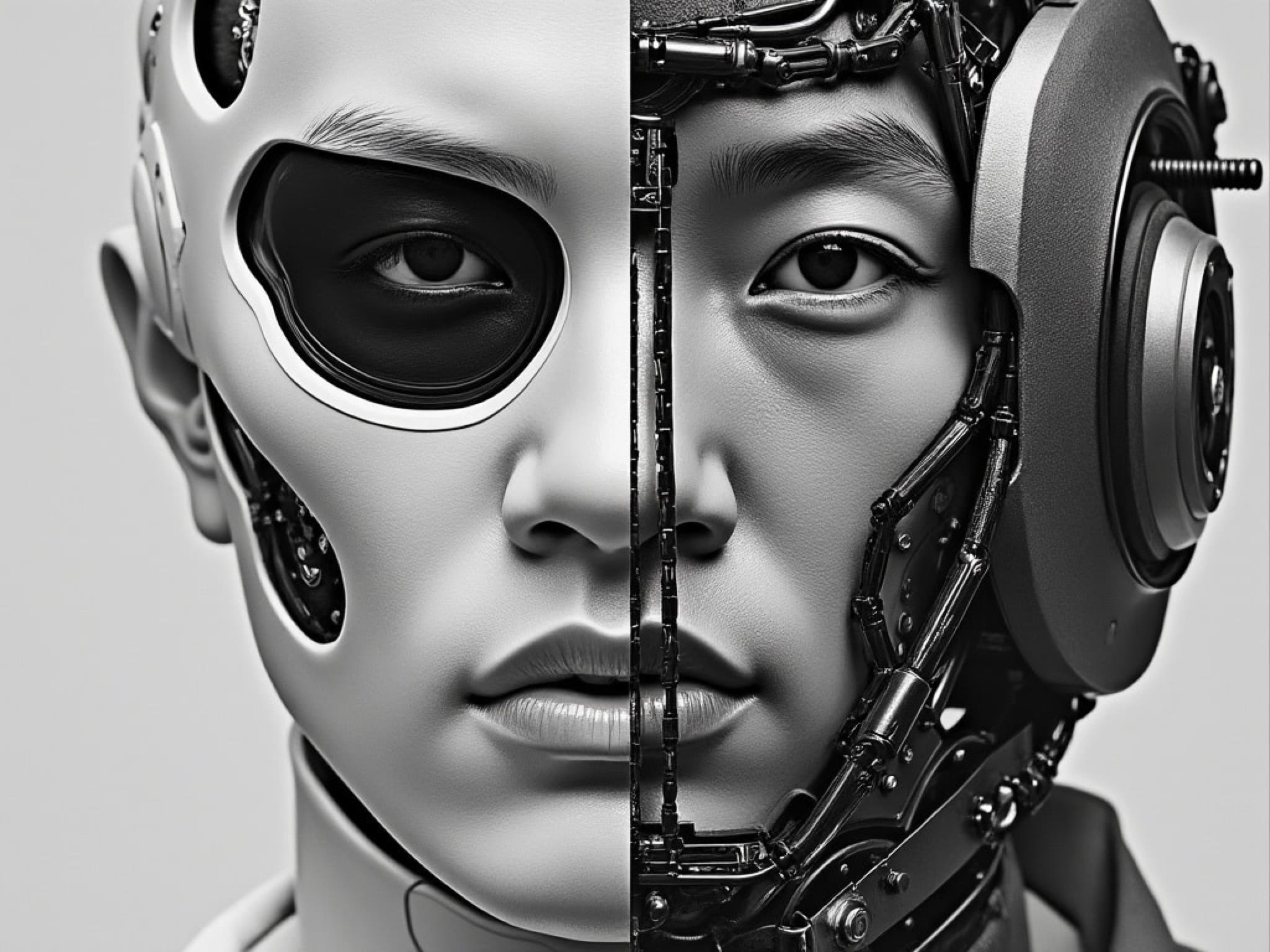 Black and white close-up of a split face; one side is a human face, the other a robotic face.