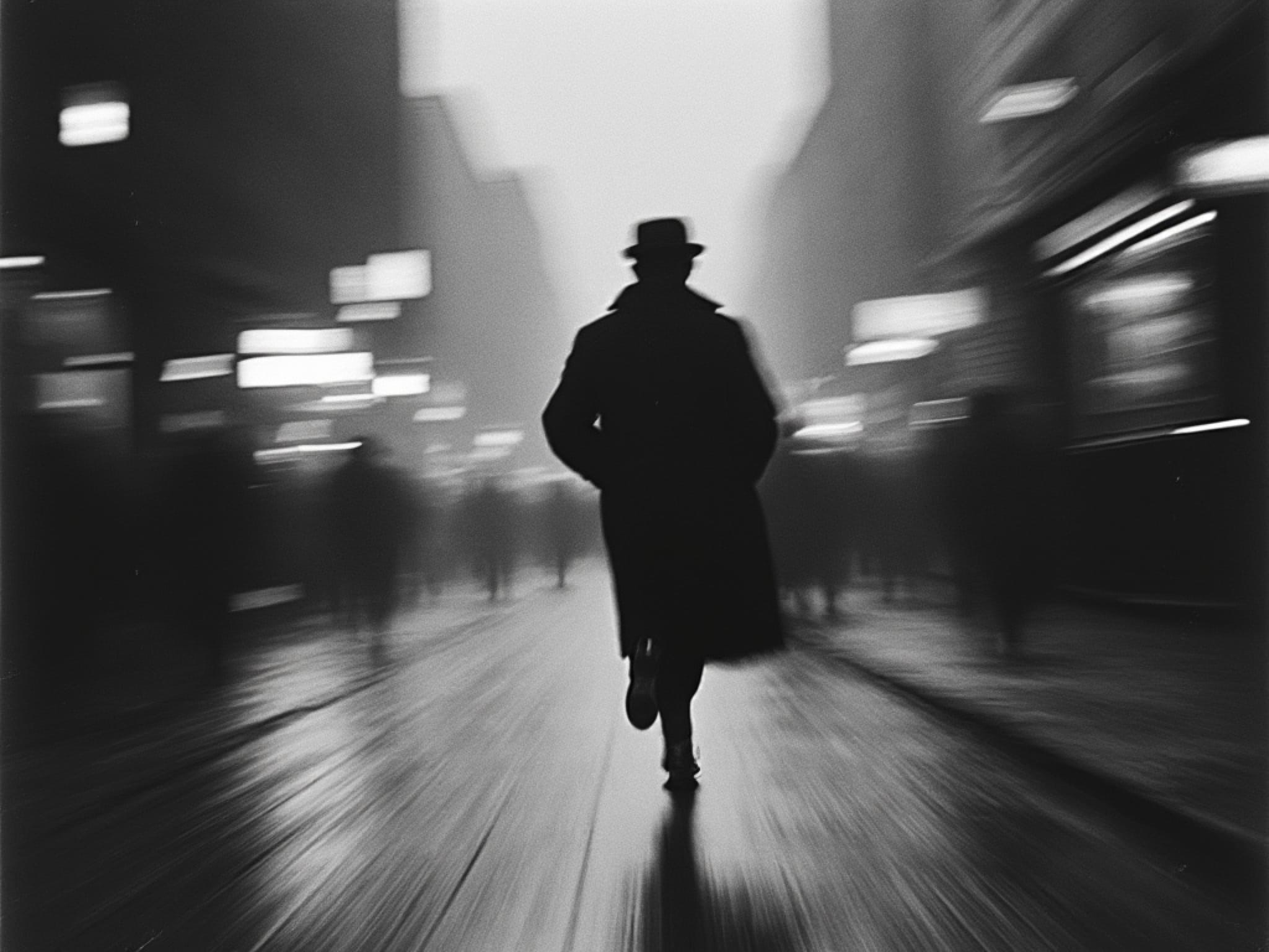Black and white photo of a person in a coat and hat running down a blurred city street at night.