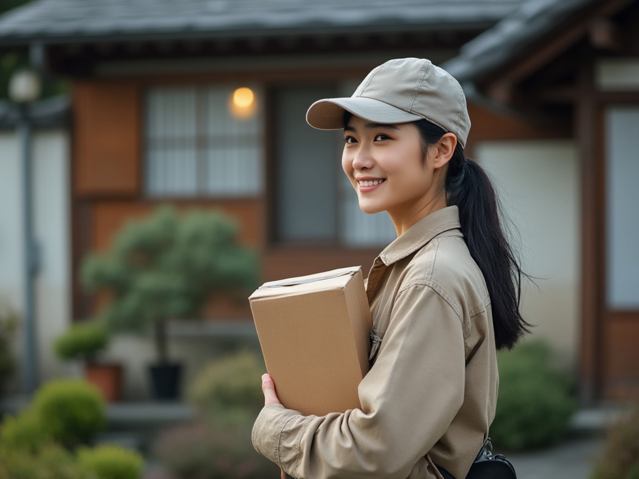 Smiling Japanese postal worker holding a package.