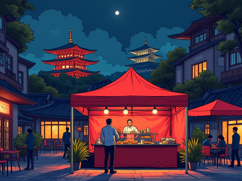 Night scene of a Korean food stall with pagodas in the background.