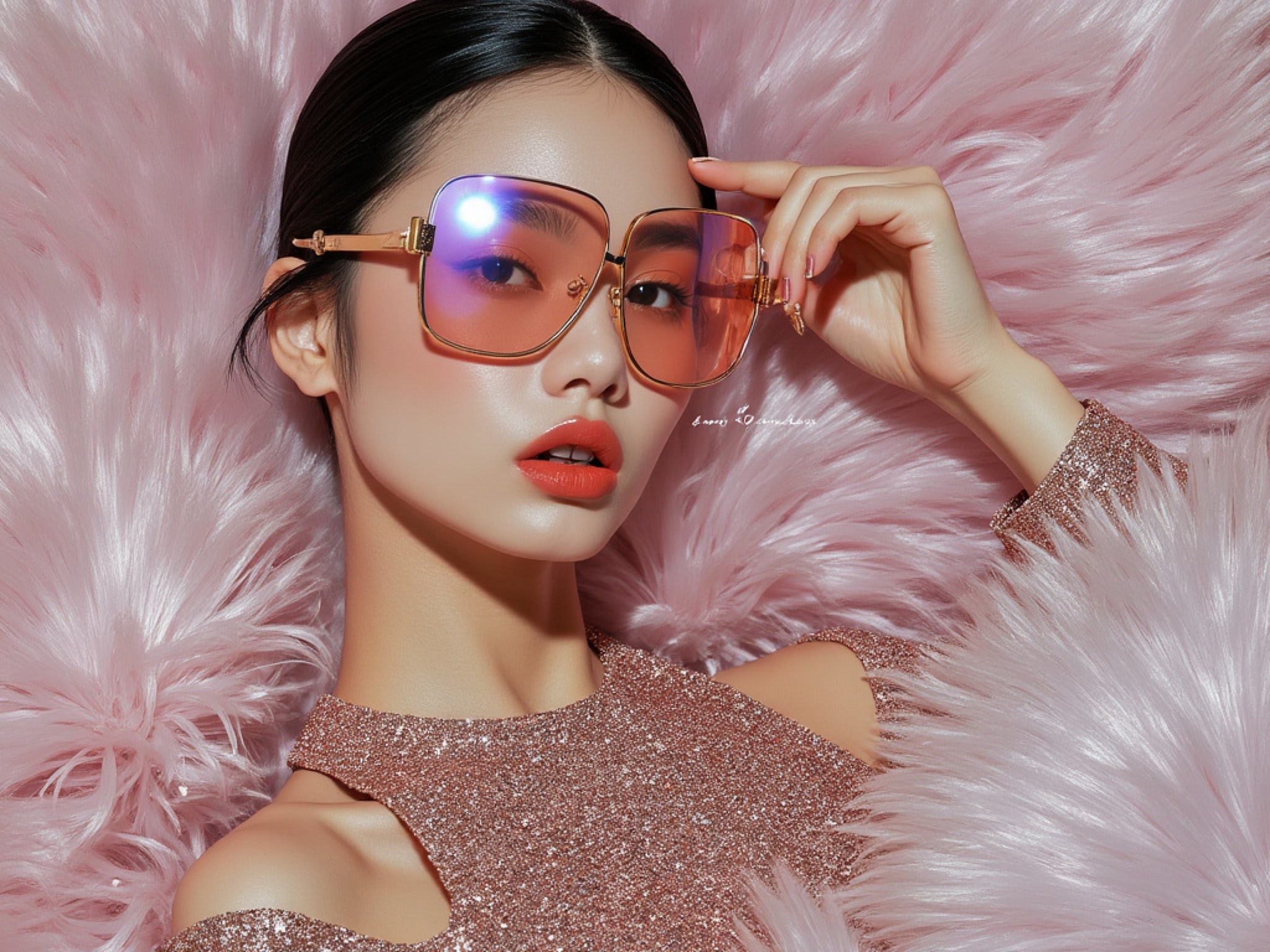 Portrait of a young woman wearing large orange sunglasses and a rose gold sequined top, surrounded by pink fur.
