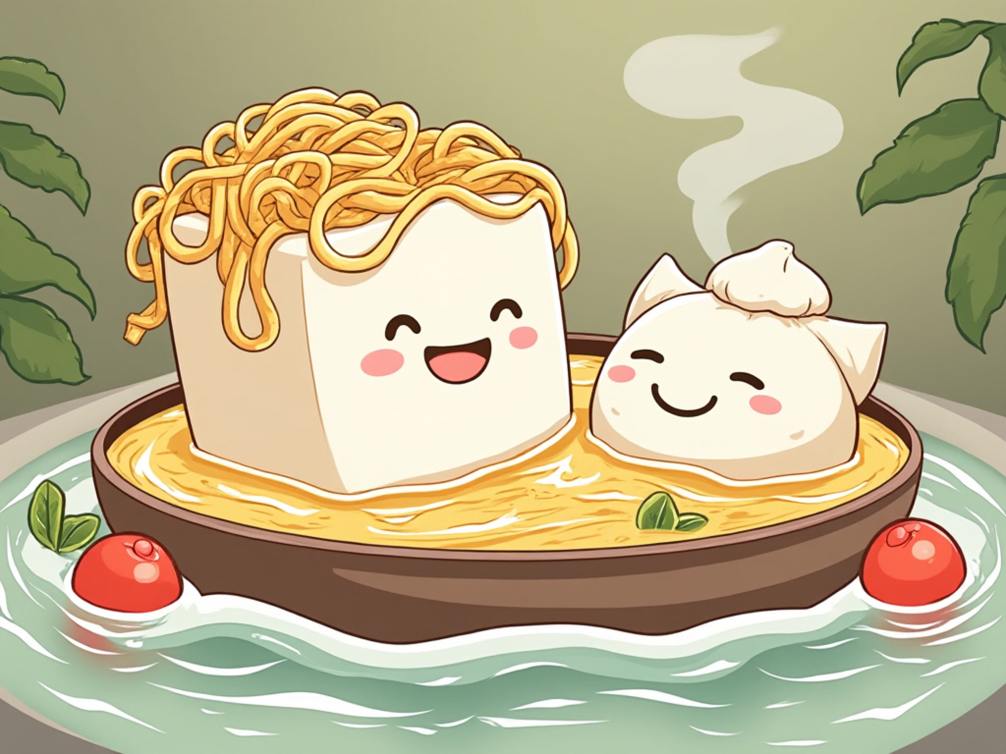 Cartoon tofu and dumpling in a noodle bath.