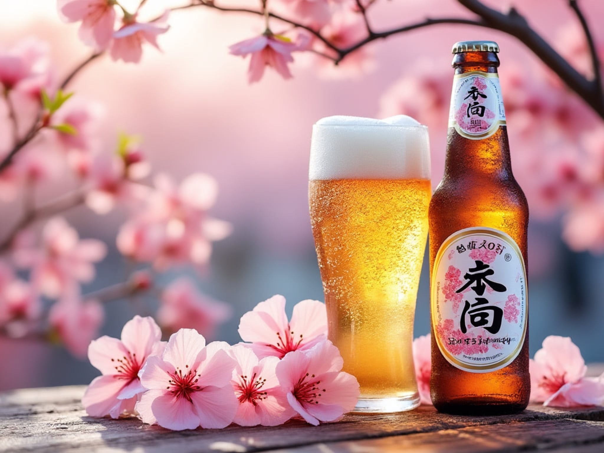 Bottle and glass of Sakura beer in front of cherry blossoms.