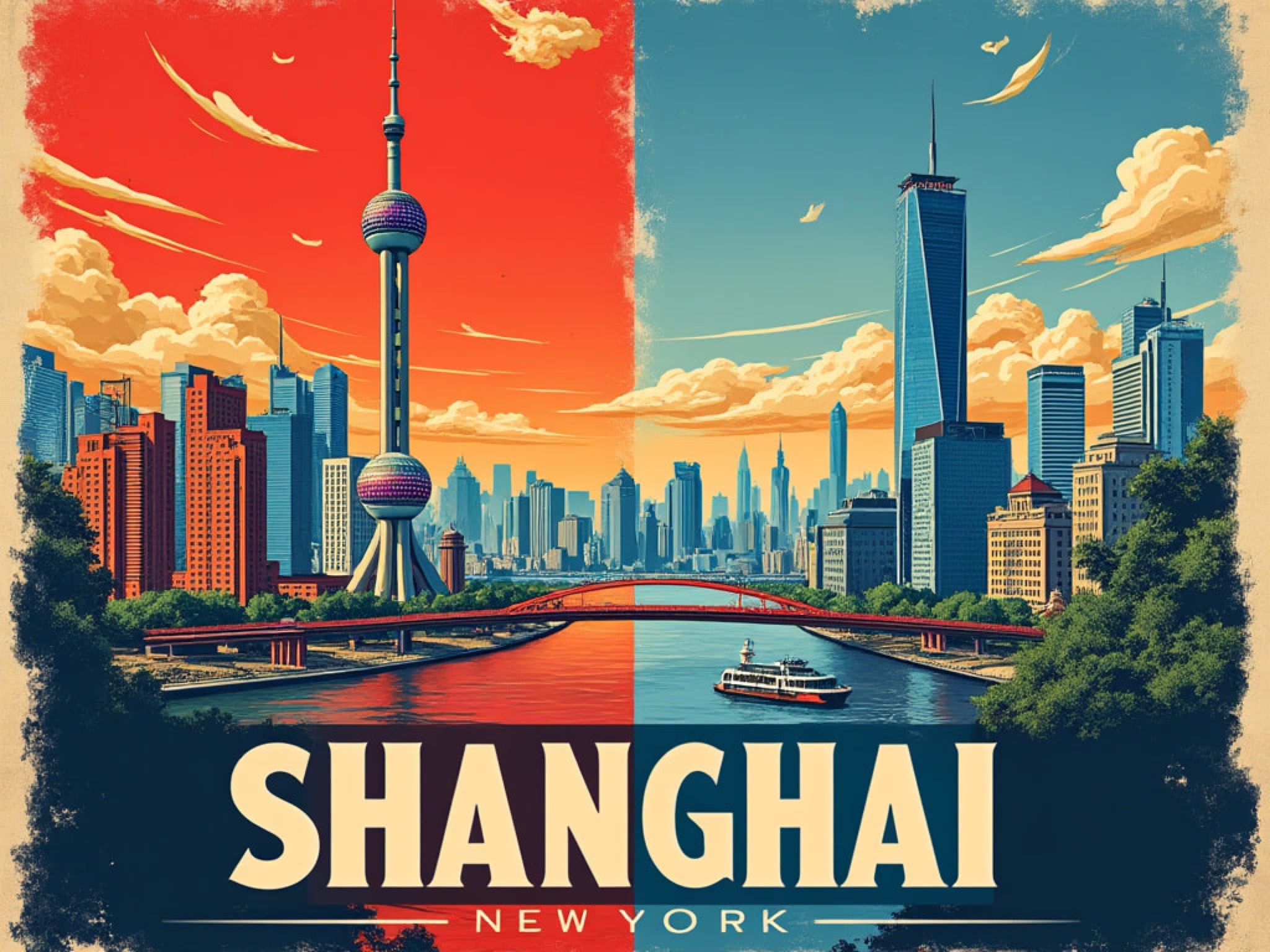 Shanghai and New York City skylines depicted side-by-side in a vintage travel poster style.
