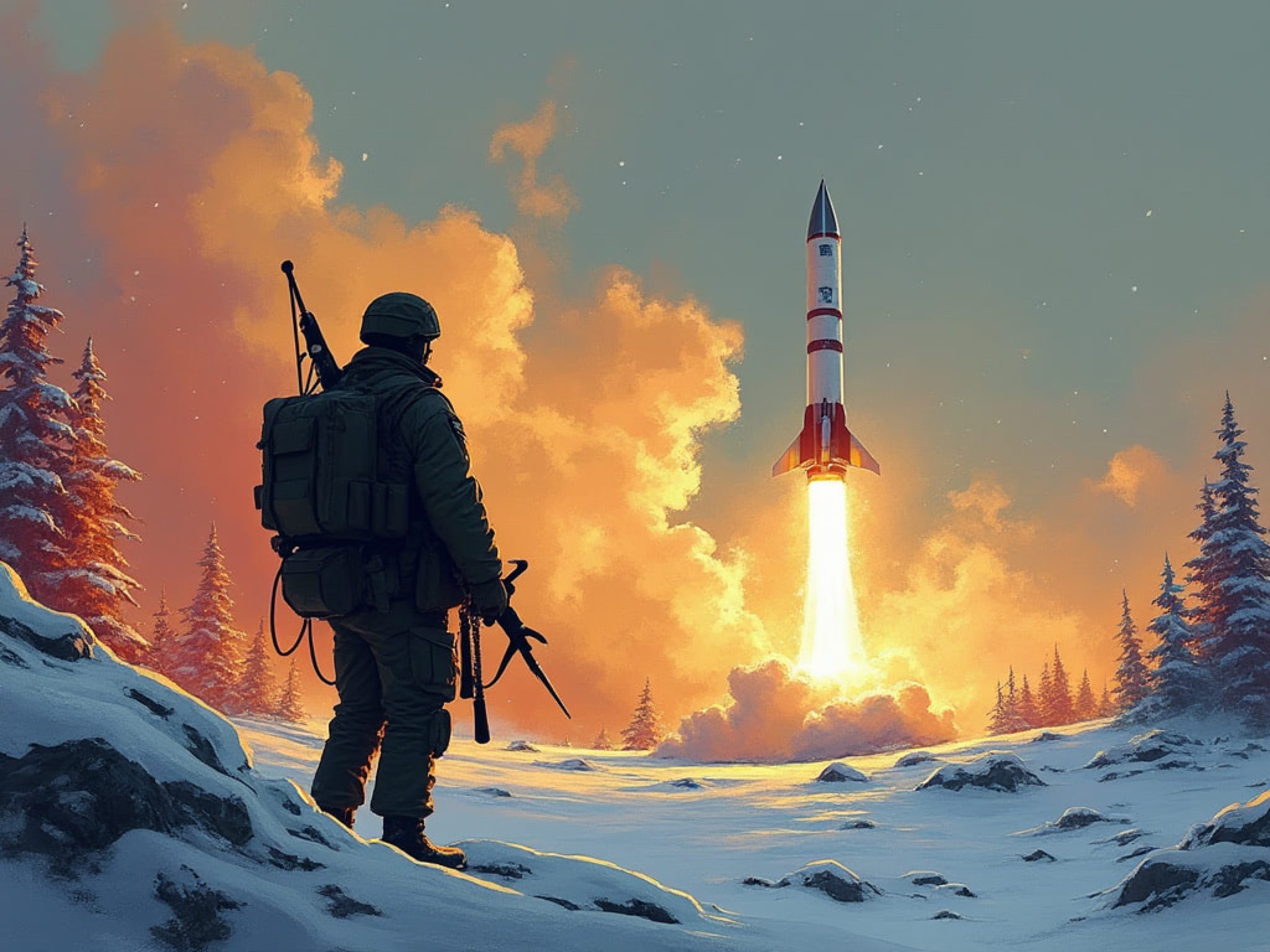 Soviet soldier watching rocket launch in snowy landscape.