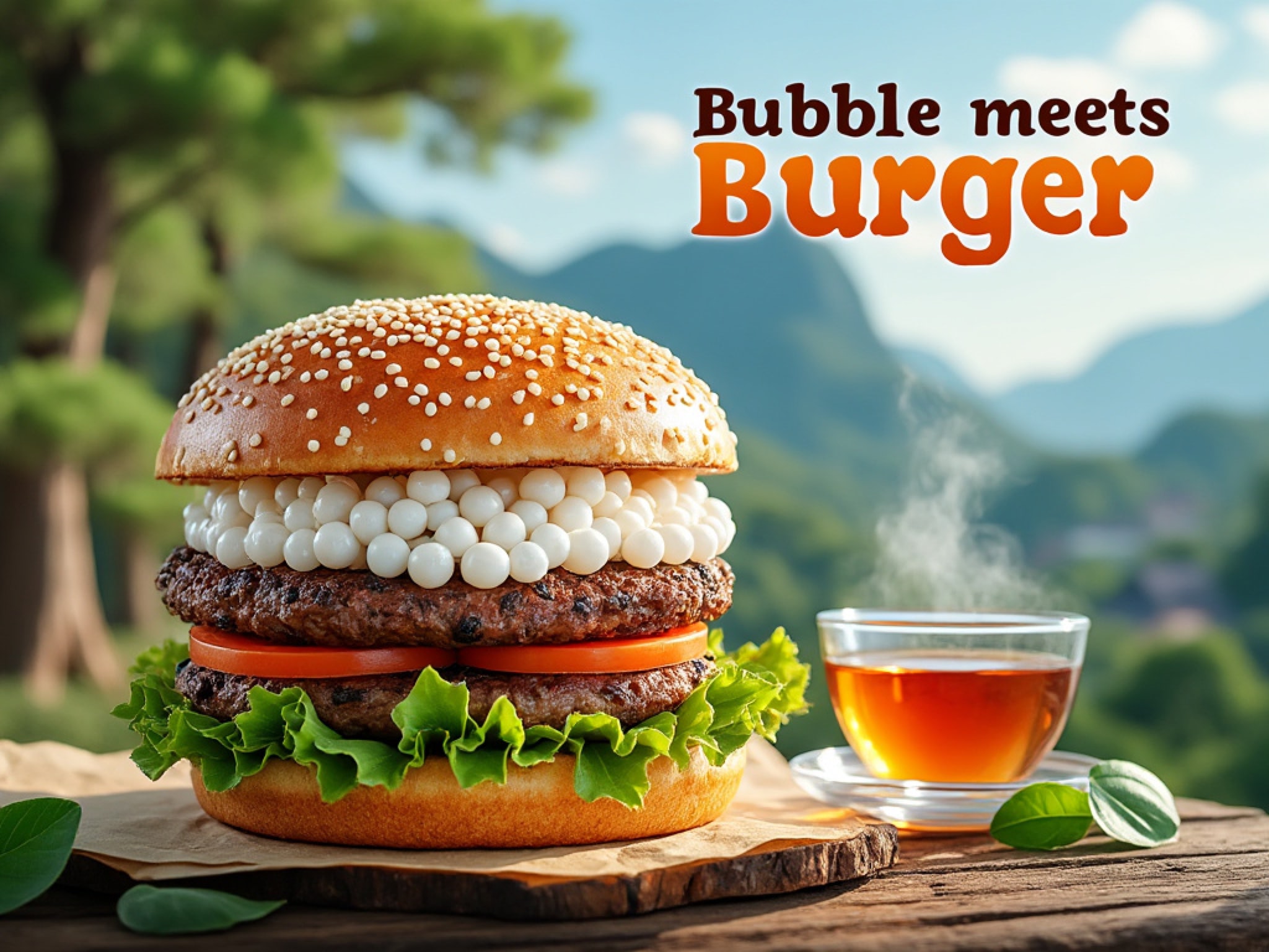 Bubble tea-inspired burger with sesame seed bun, two patties, lettuce, tomato, and tapioca pearls.