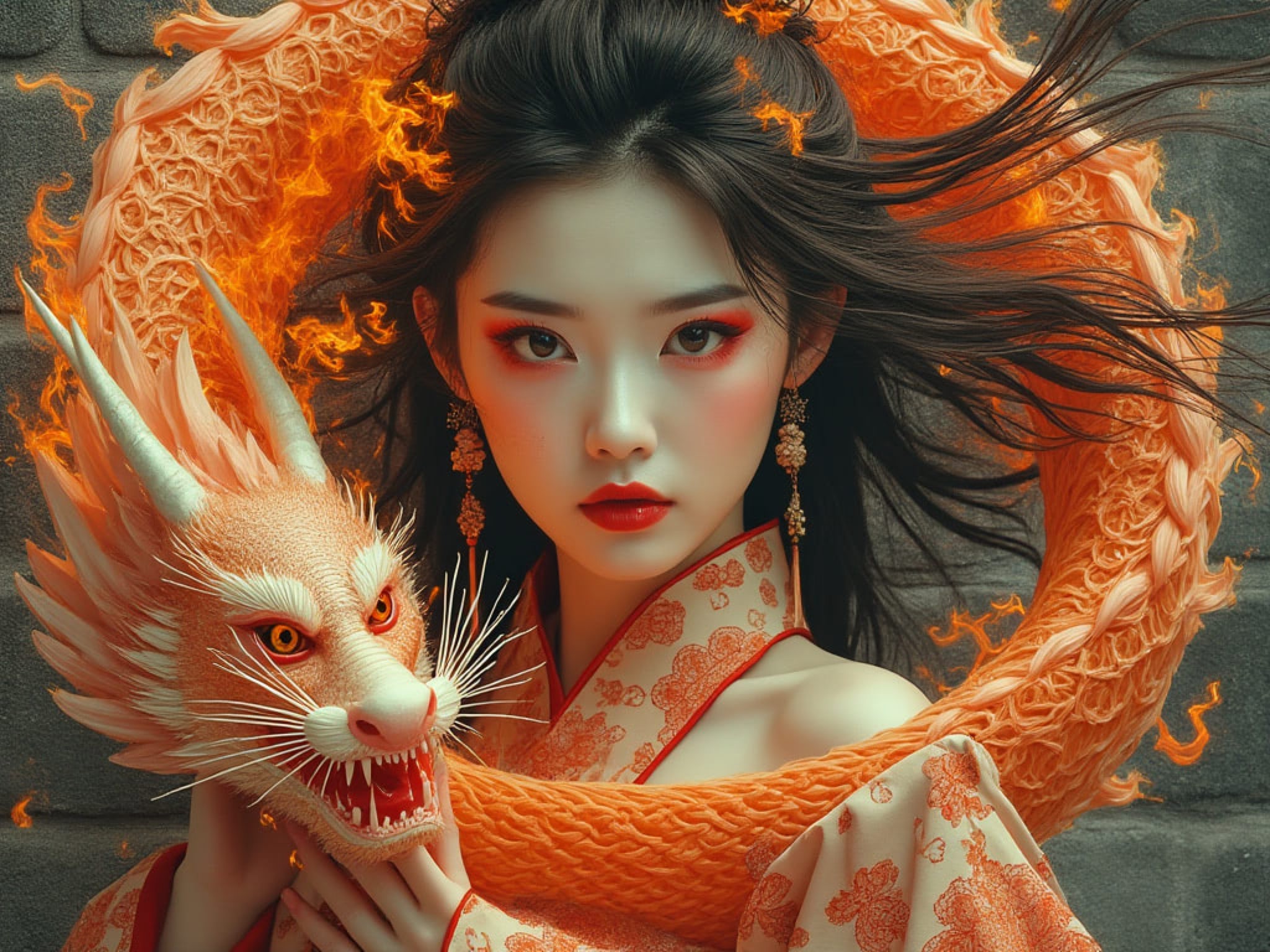 Woman in Asian-inspired dress holding fiery orange dragon.