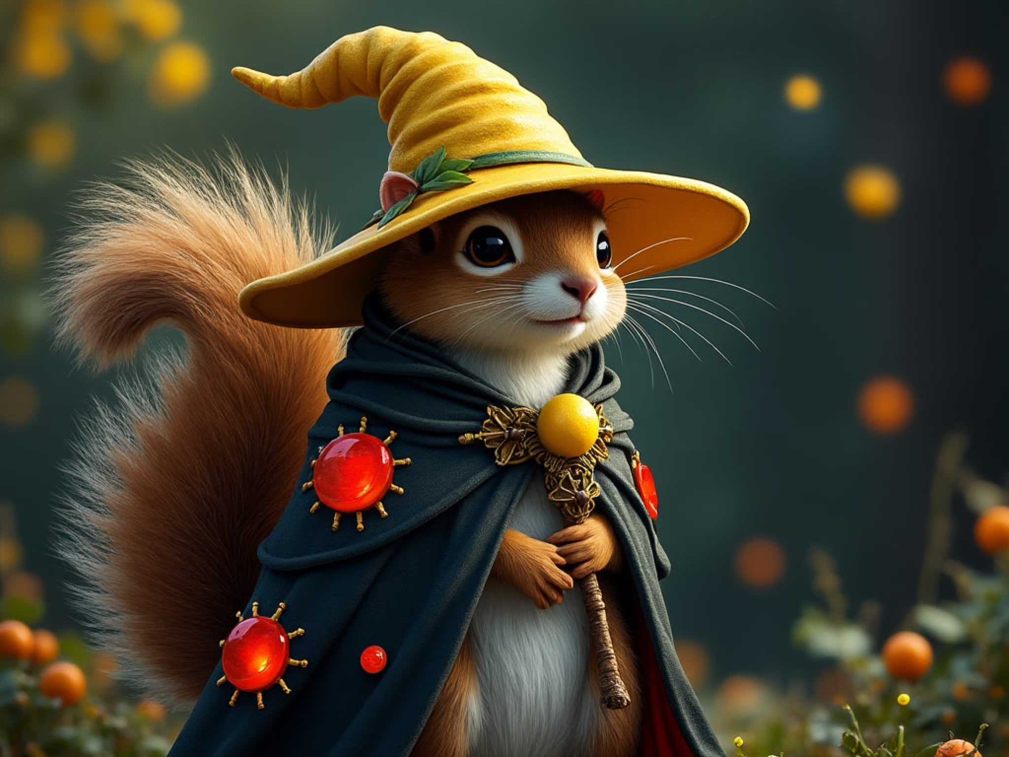 A cute squirrel wizard wearing a yellow hat and dark robe.