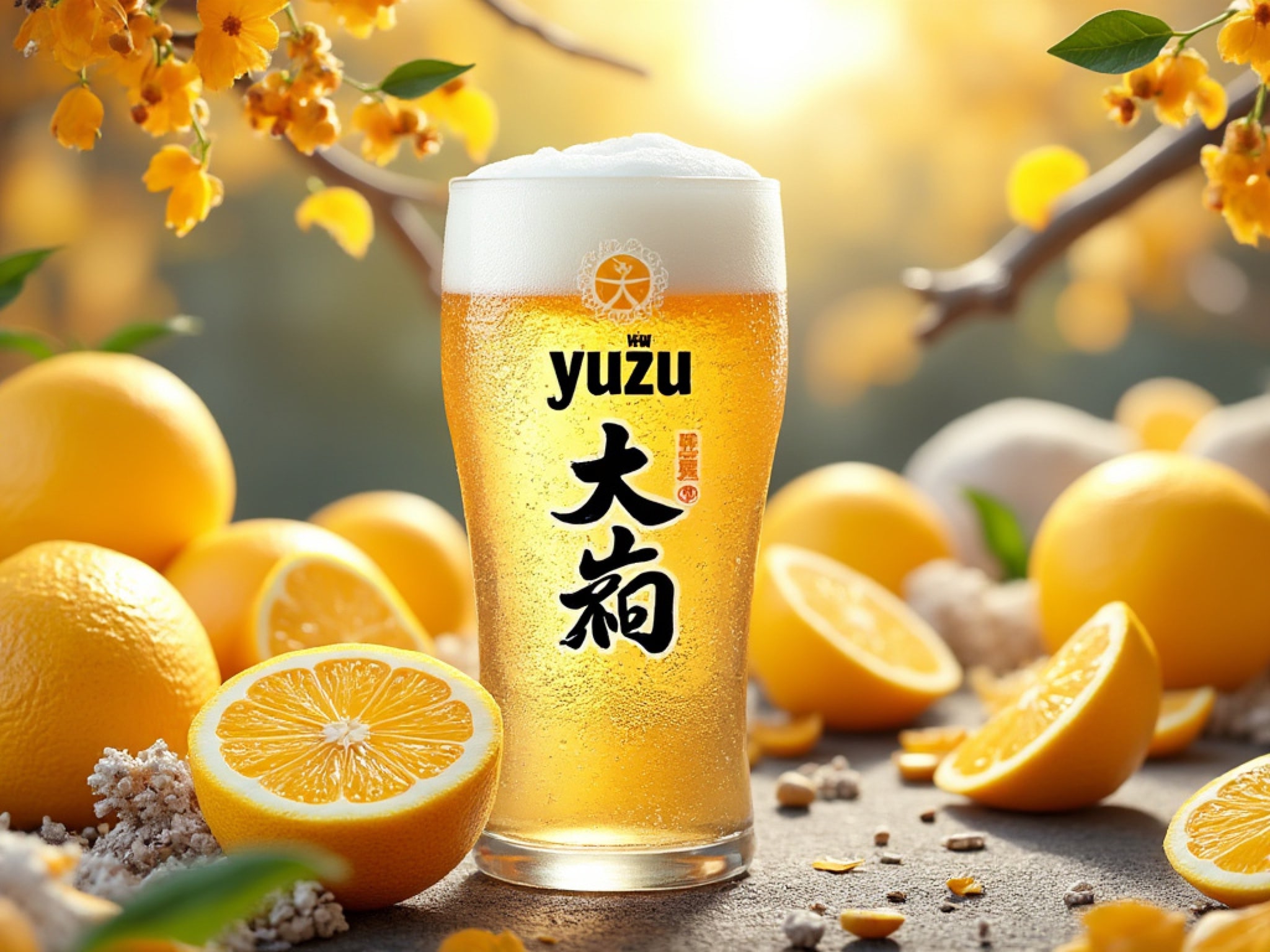 Yuzu beer in a glass surrounded by yuzu fruit.