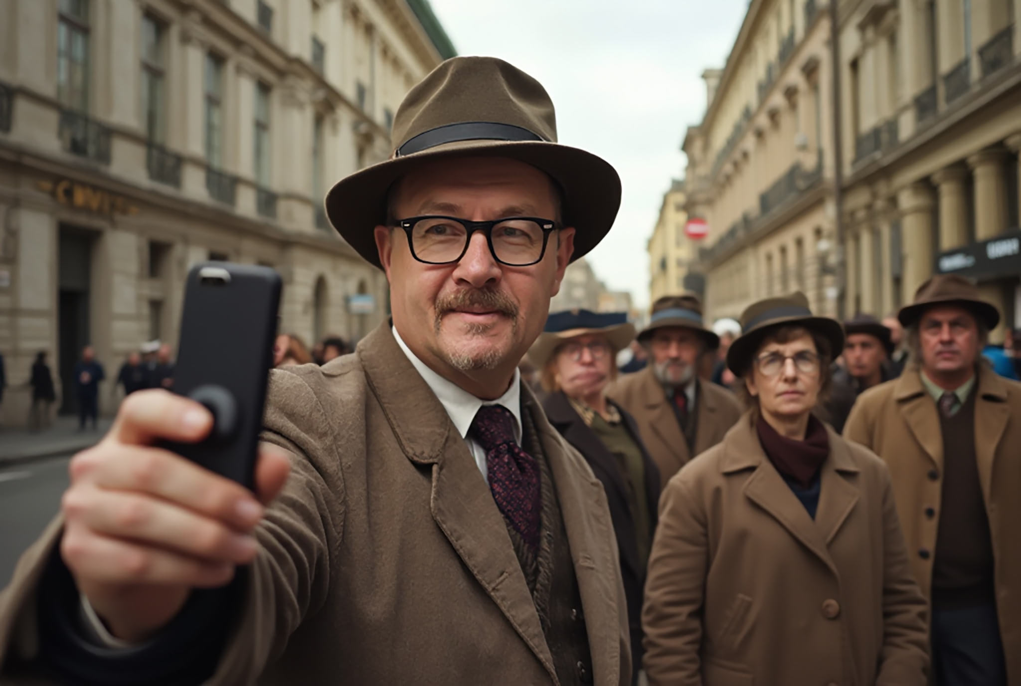 Man in fedora taking selfie in historic city street.