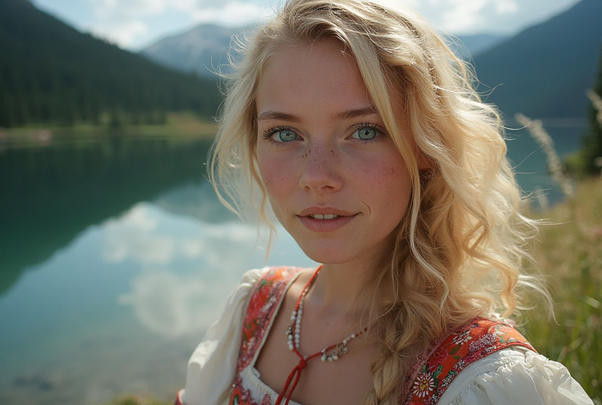 Close-up portrait of a young blonde woman with blue eyes and freckles, wearing a traditional dirndl-style dress, outdoors near a lake and mountains.