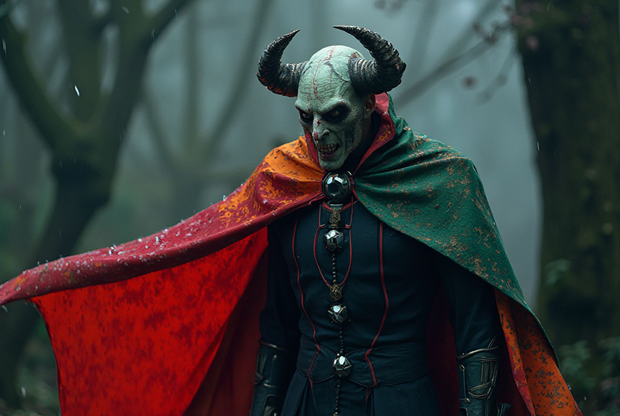 A demonic figure in a red and green cape, with horns and a skull-like face, stands in a misty forest.