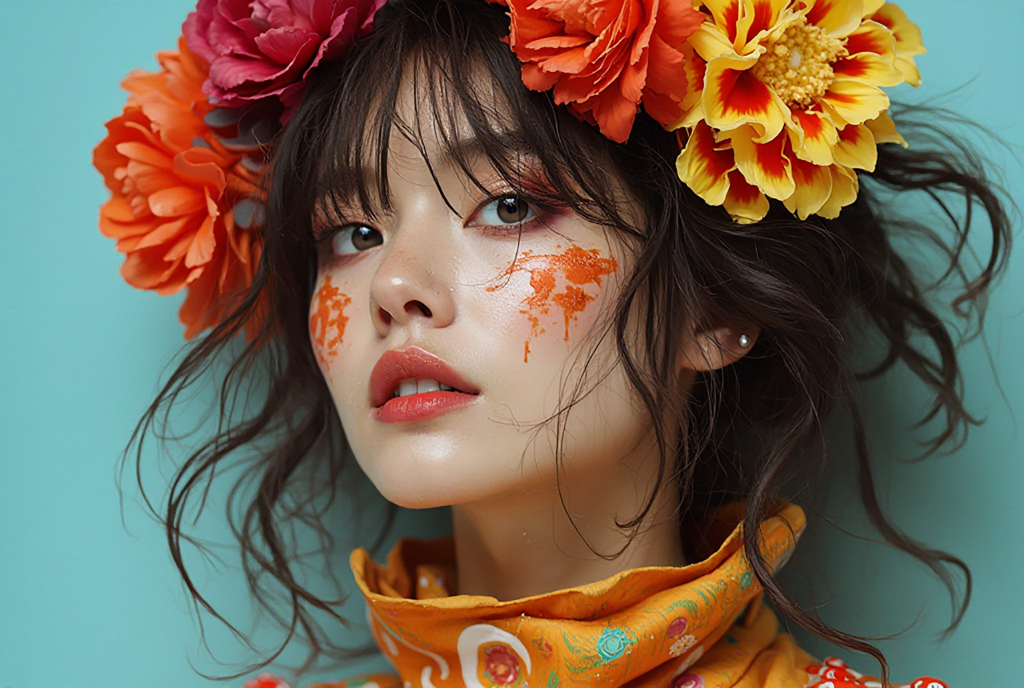 Woman with orange flower crown and orange makeup.