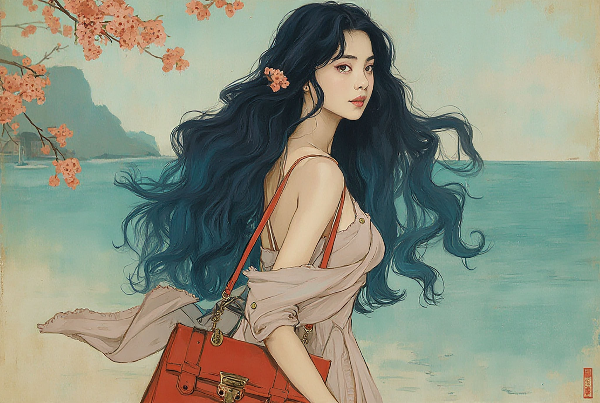 Illustration of a woman with long, dark blue hair and a red handbag, standing by the ocean with cherry blossoms in the background.