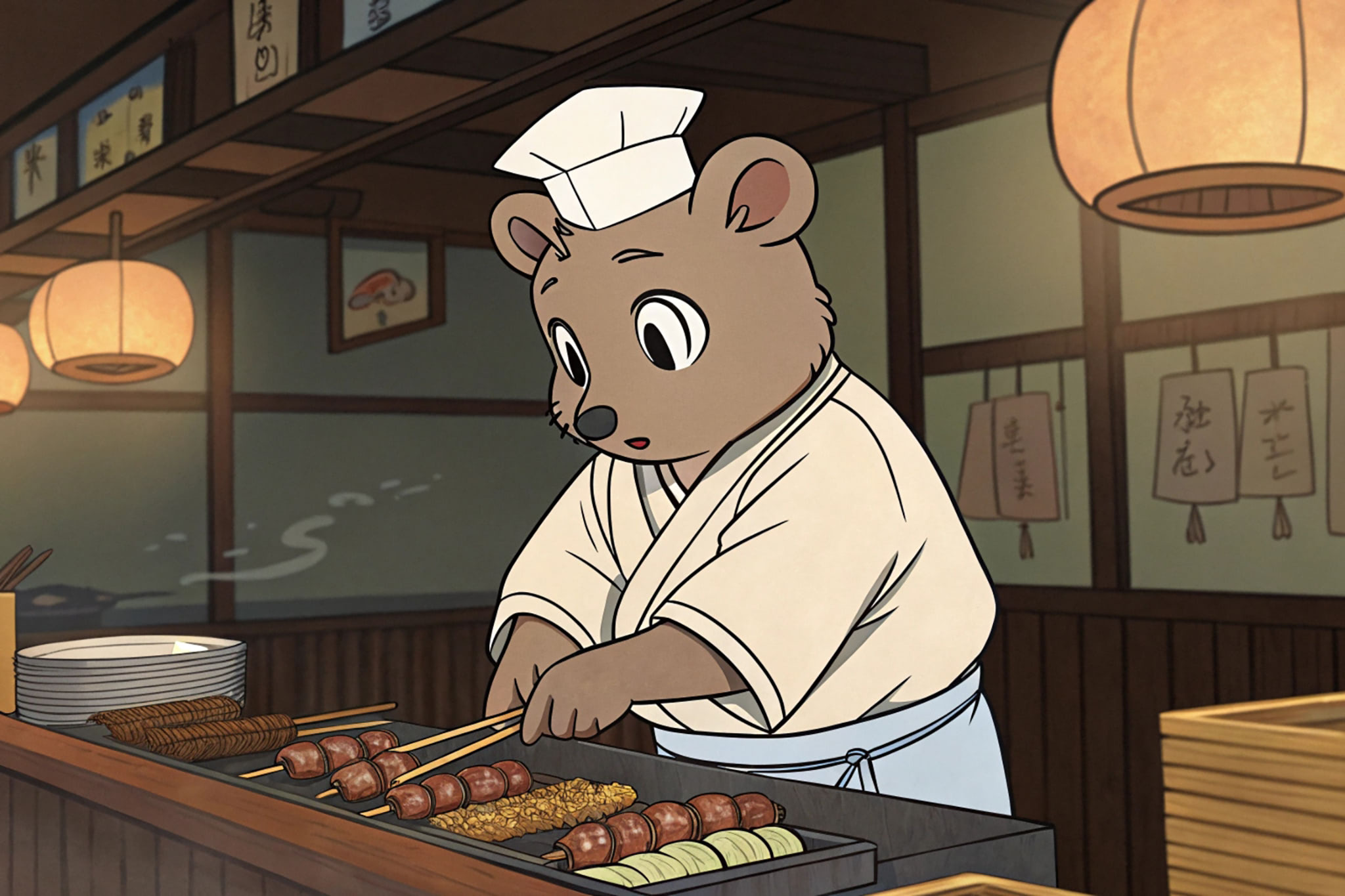 Anthropomorphic bear chef preparing yakitori in a Japanese restaurant.