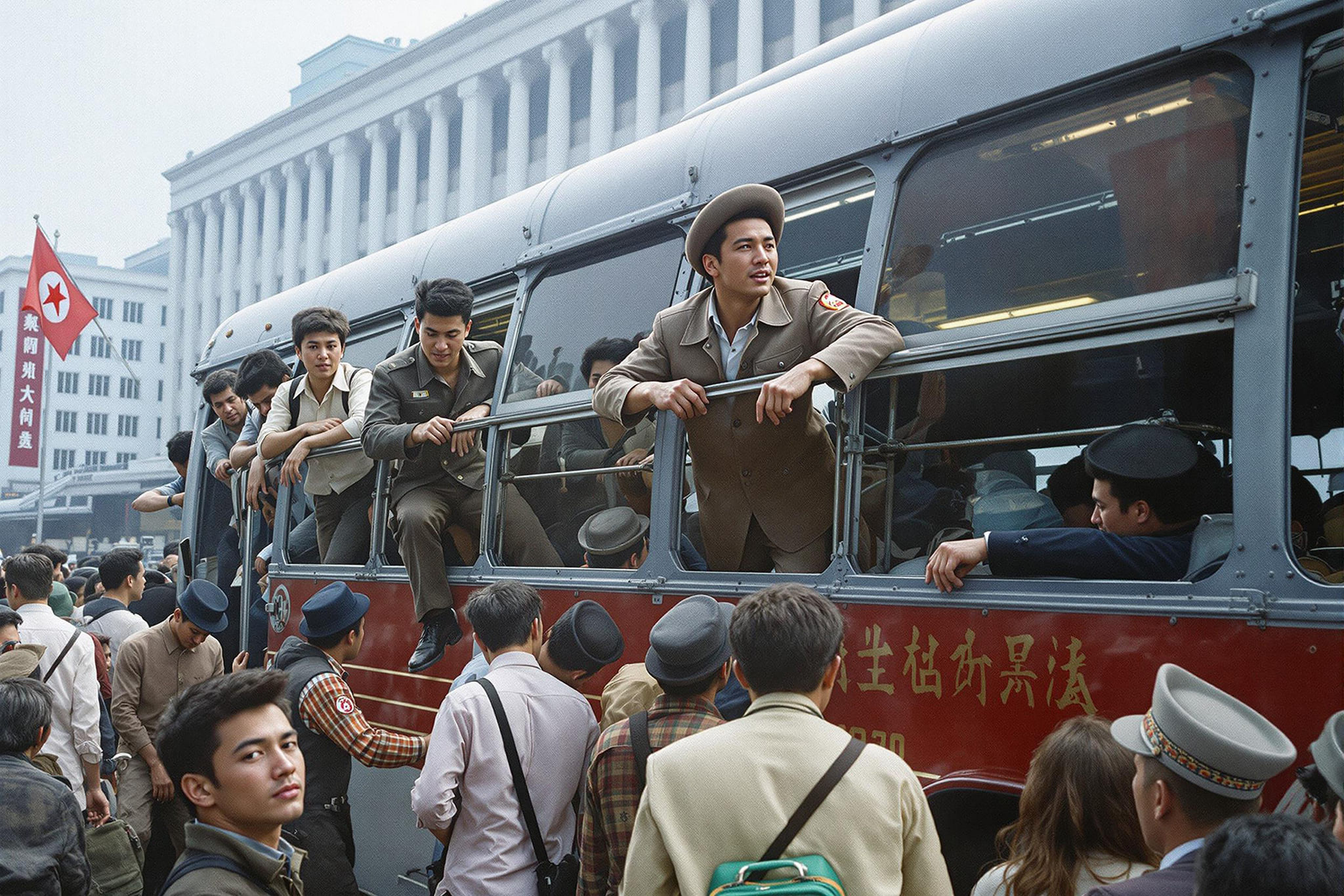 Crowded bus in North Korea with people hanging out of windows.