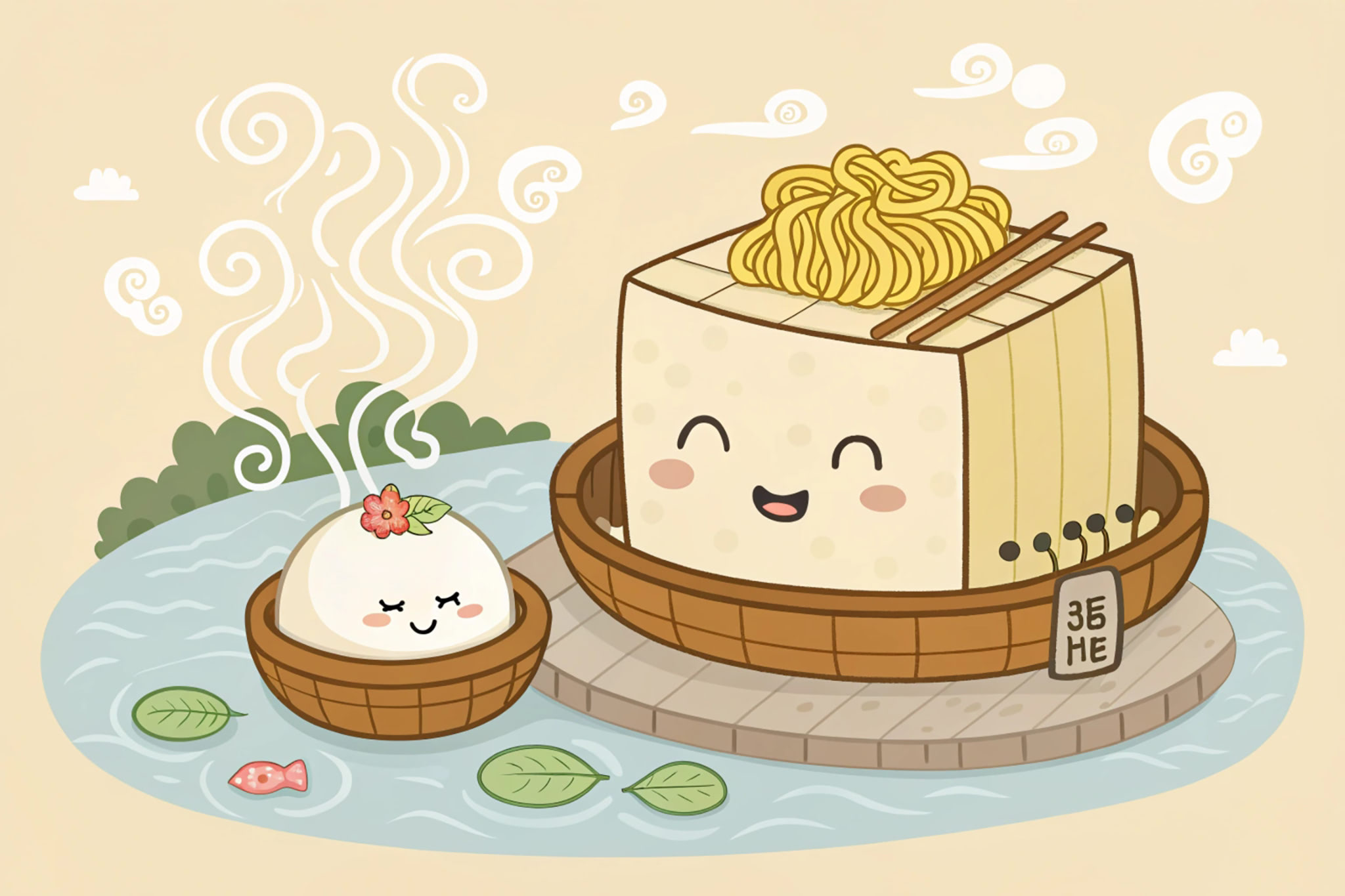 Cute illustration of a block of tofu with noodles in a basket and a steamed bun in a basket floating in water.