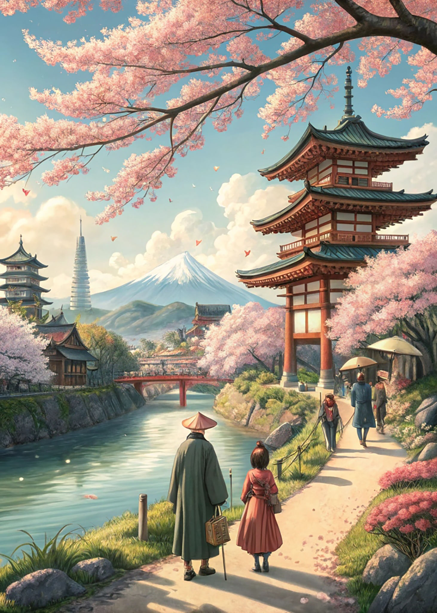 Painting of a Japanese landscape with cherry blossoms, temples, Mount Fuji in the background, and people walking on a path.