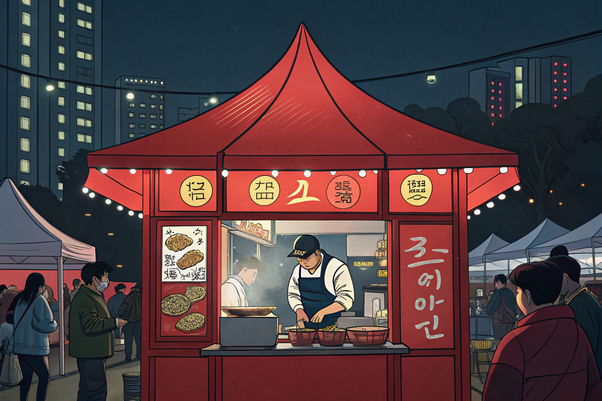 Illustration of a red food stall in Seoul at night.