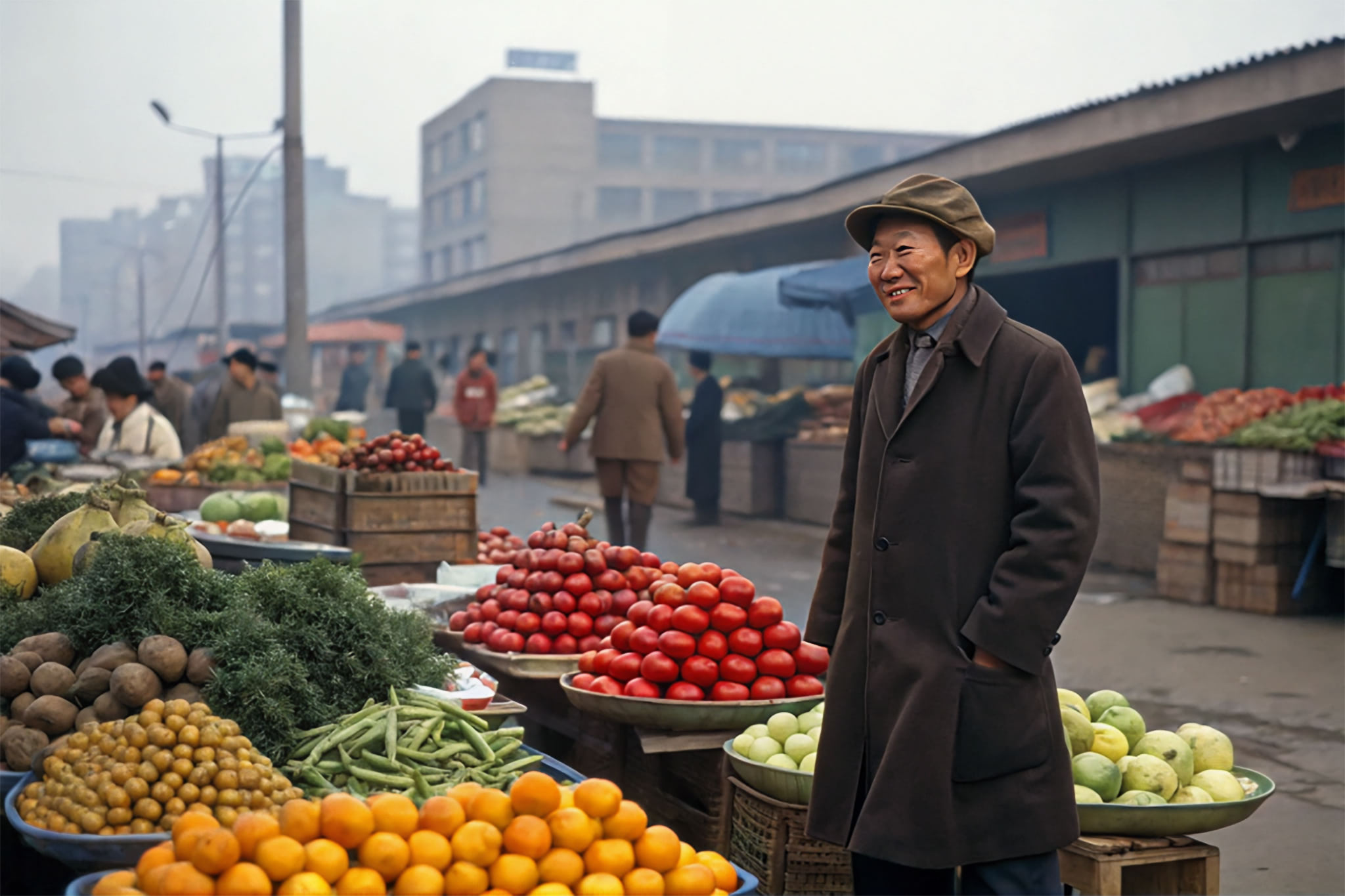 A smiling older man in a brown coat stands at a North Korean market filled with various fruits and vegetables.