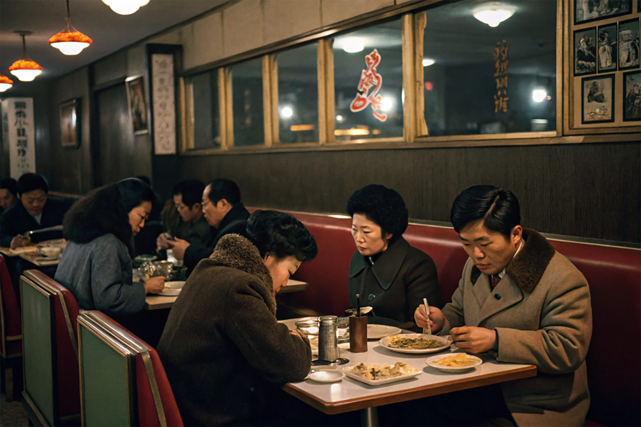 People dining in a dimly lit North Korean restaurant.