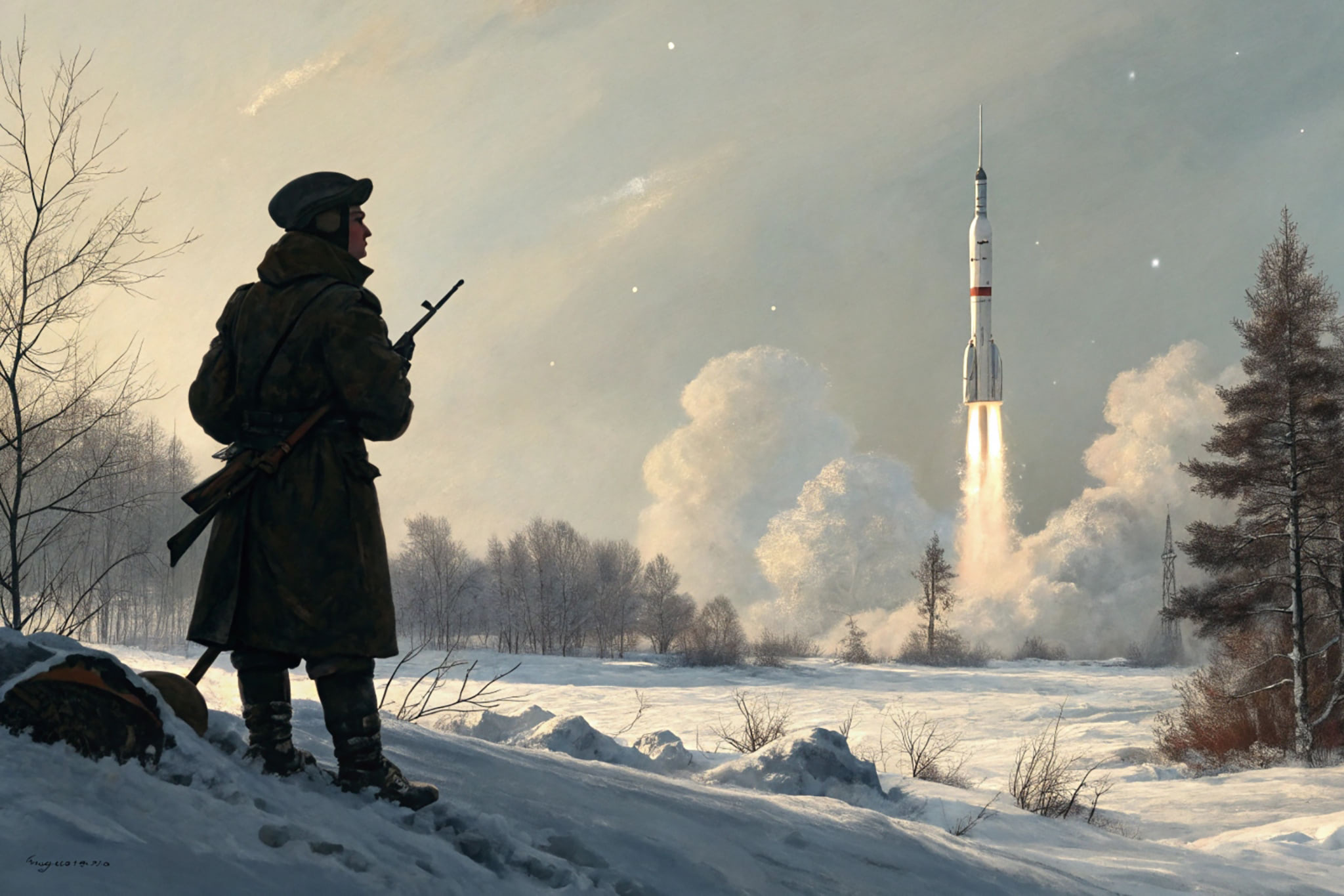 Silhouette of a Soviet soldier with rifle watching a rocket launch in a snowy landscape.