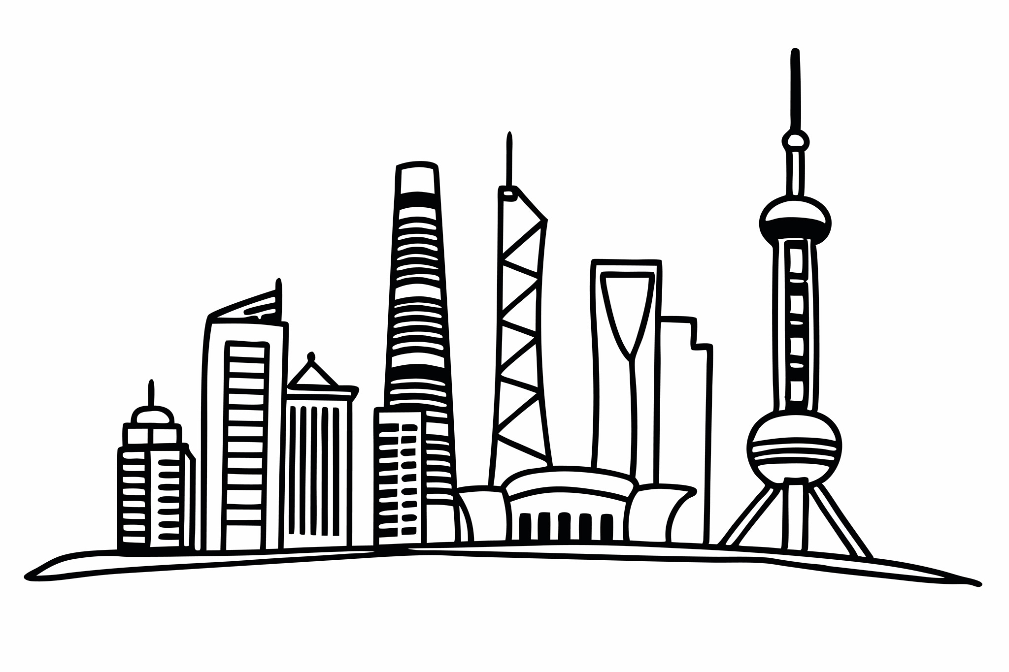 Shanghai skyline line art illustration.