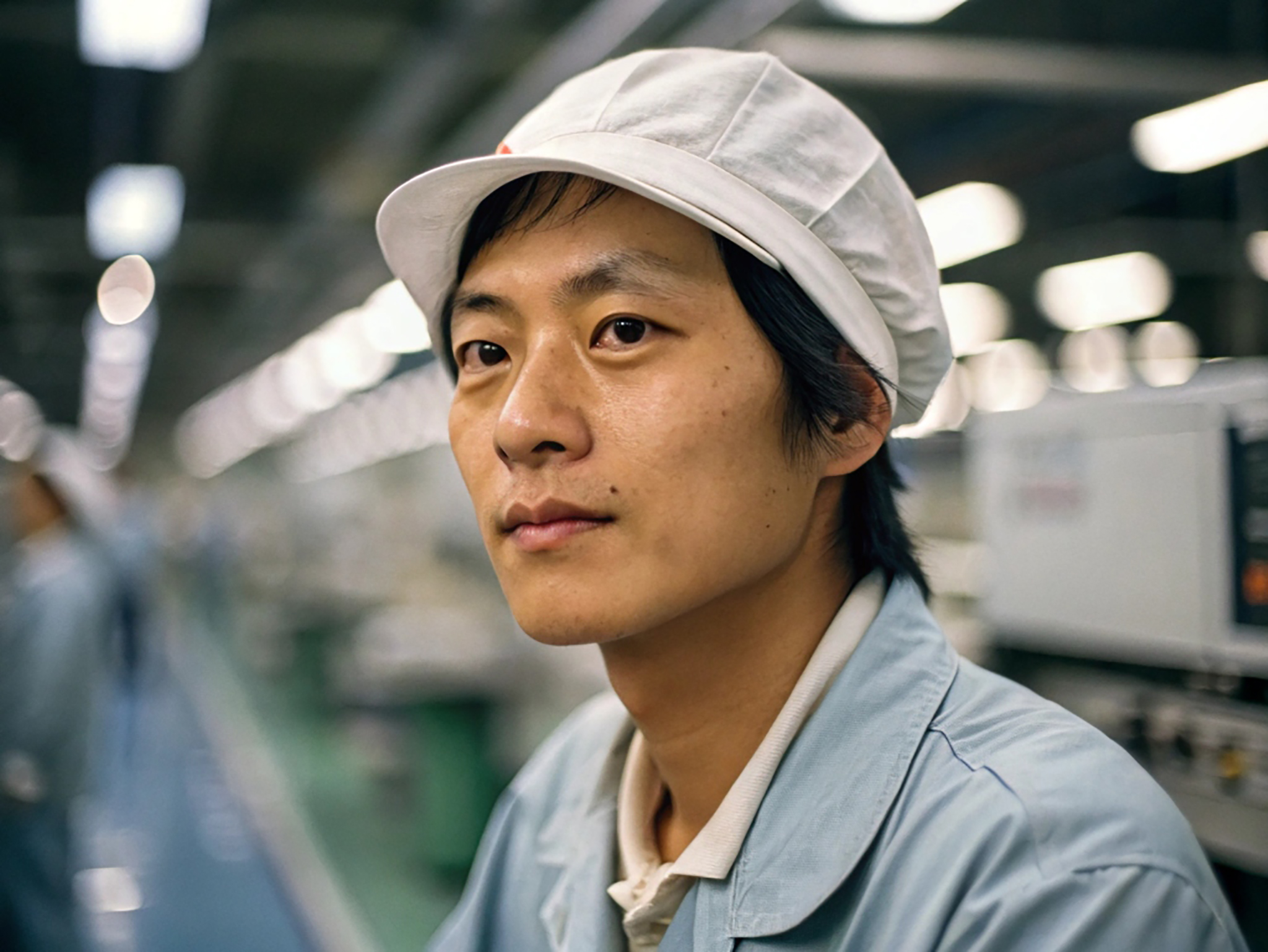 Close-up portrait of a Taiwanese chip factory worker wearing a white cap.