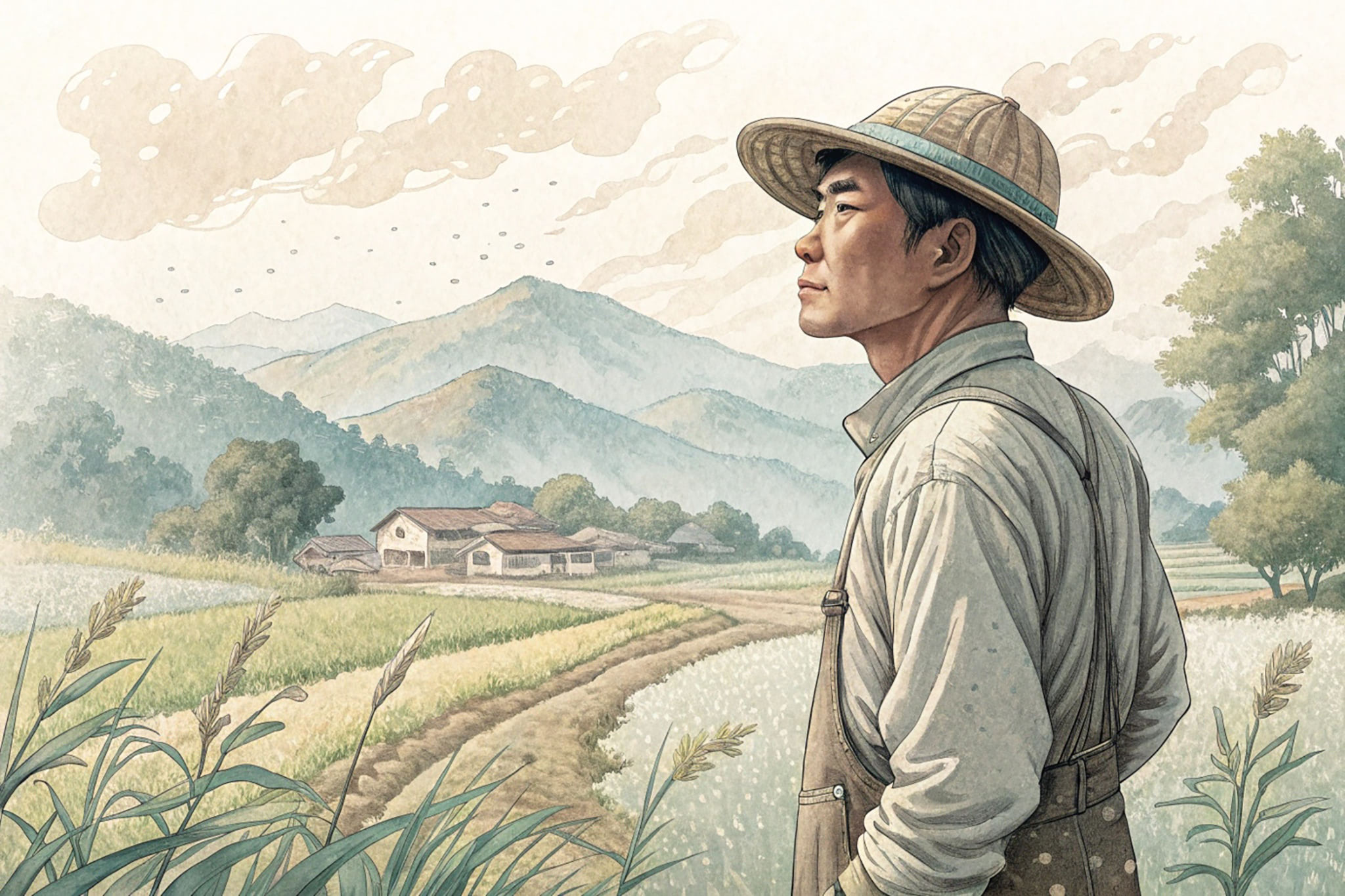 A farmer in a straw hat stands in a rice field, looking out at a village nestled in a mountain valley.