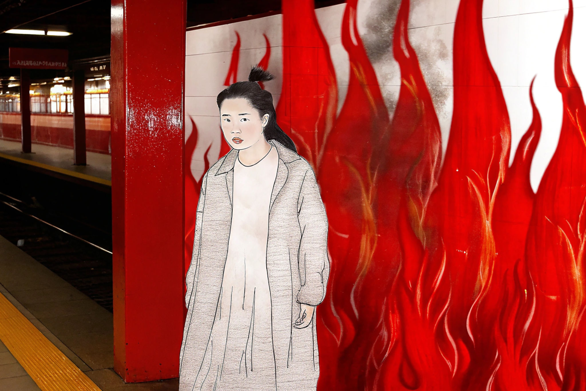 Woman in a light gray coat standing in front of a fiery red mural on a subway platform.