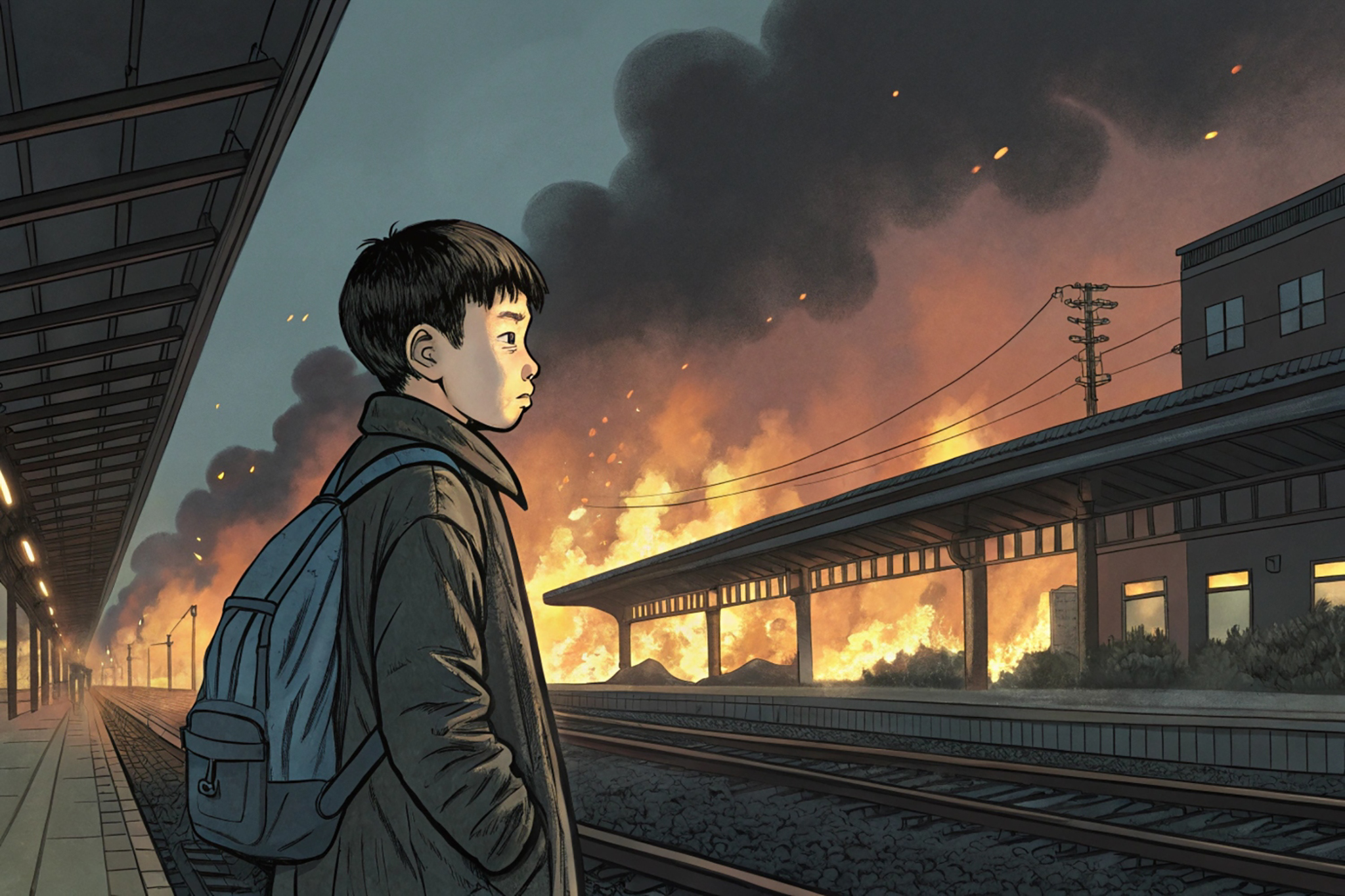 Boy with backpack watches fire at train station.