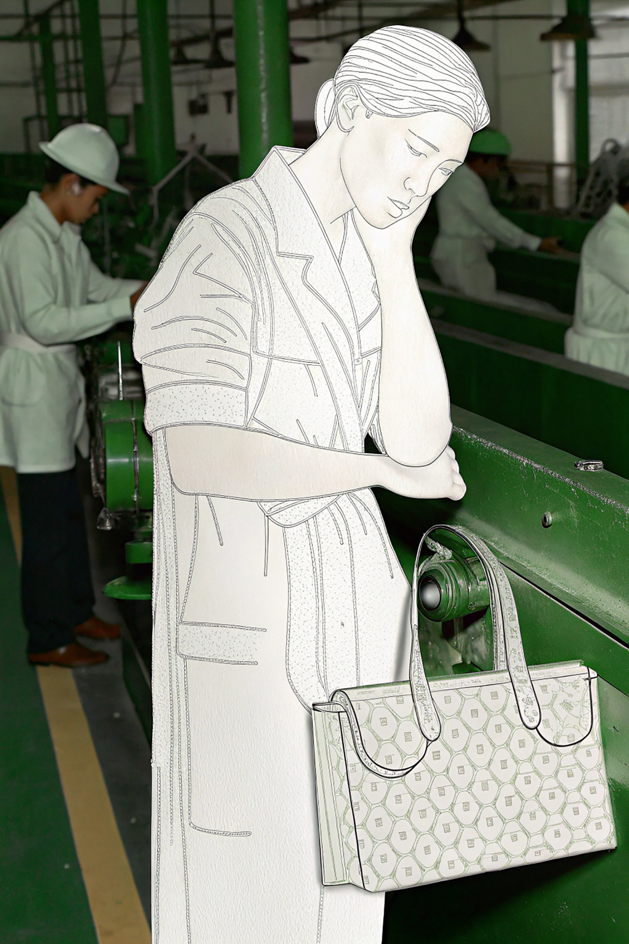 Line drawing of a woman in a factory with a luxury handbag.